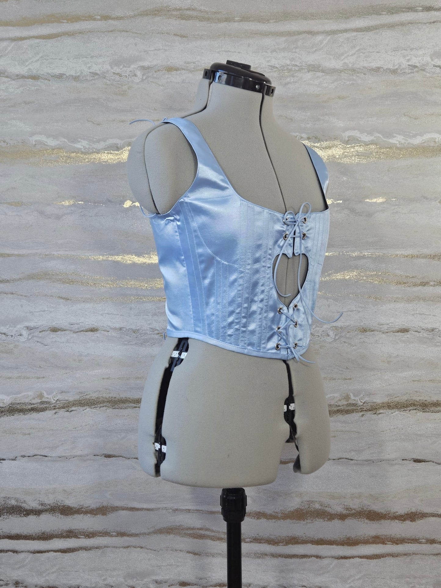 Reworked Baby blue satin heart cropped back lacing corset - XS-S