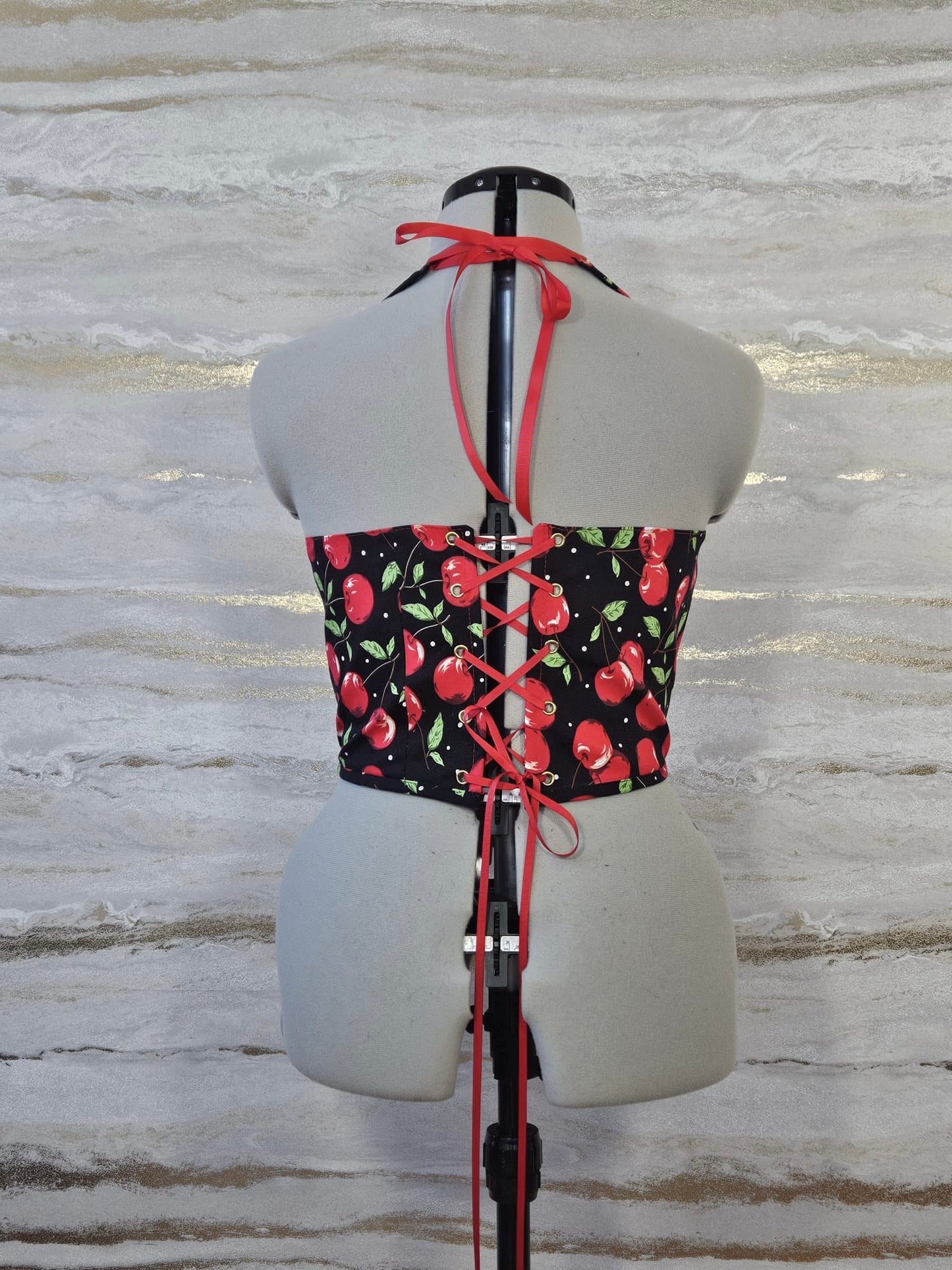 Reworked Cherry heart cropped back lacing corset - S