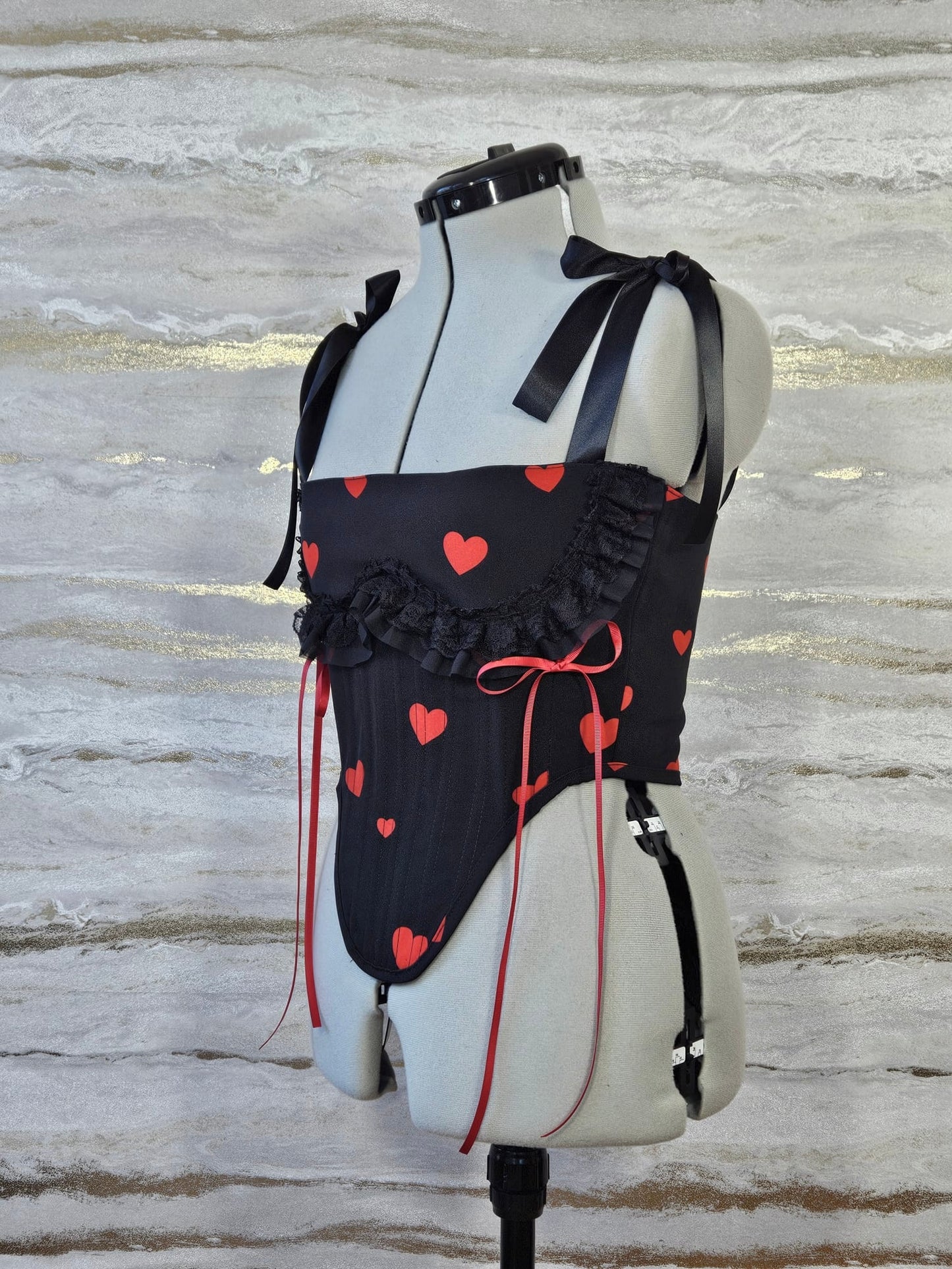 Reworked Delicate black heart corset with frill - S