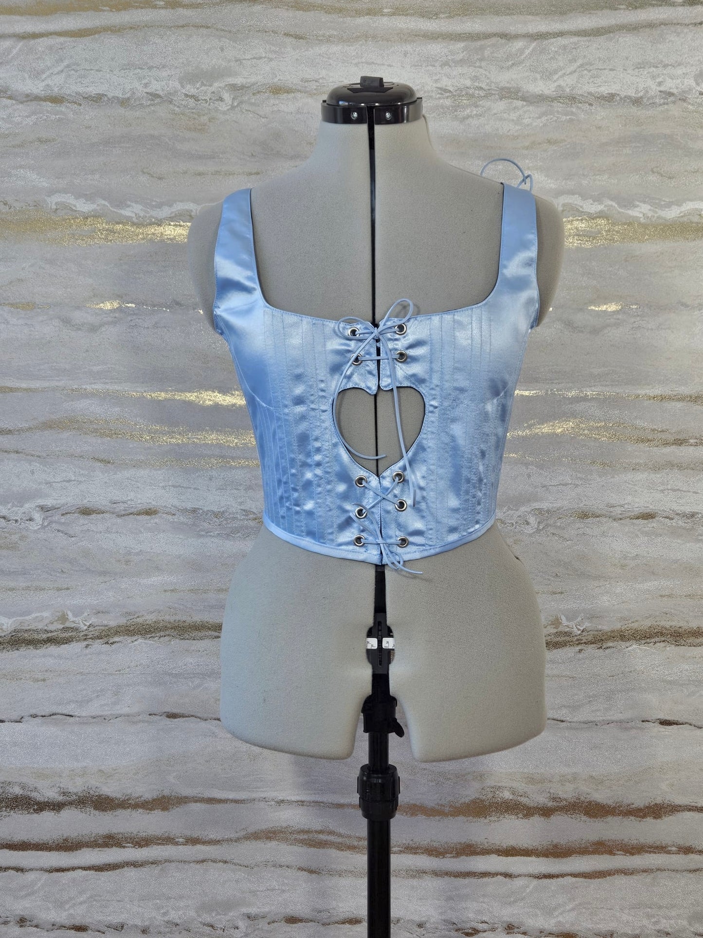 Reworked Baby blue satin heart cropped back lacing corset - XS-S