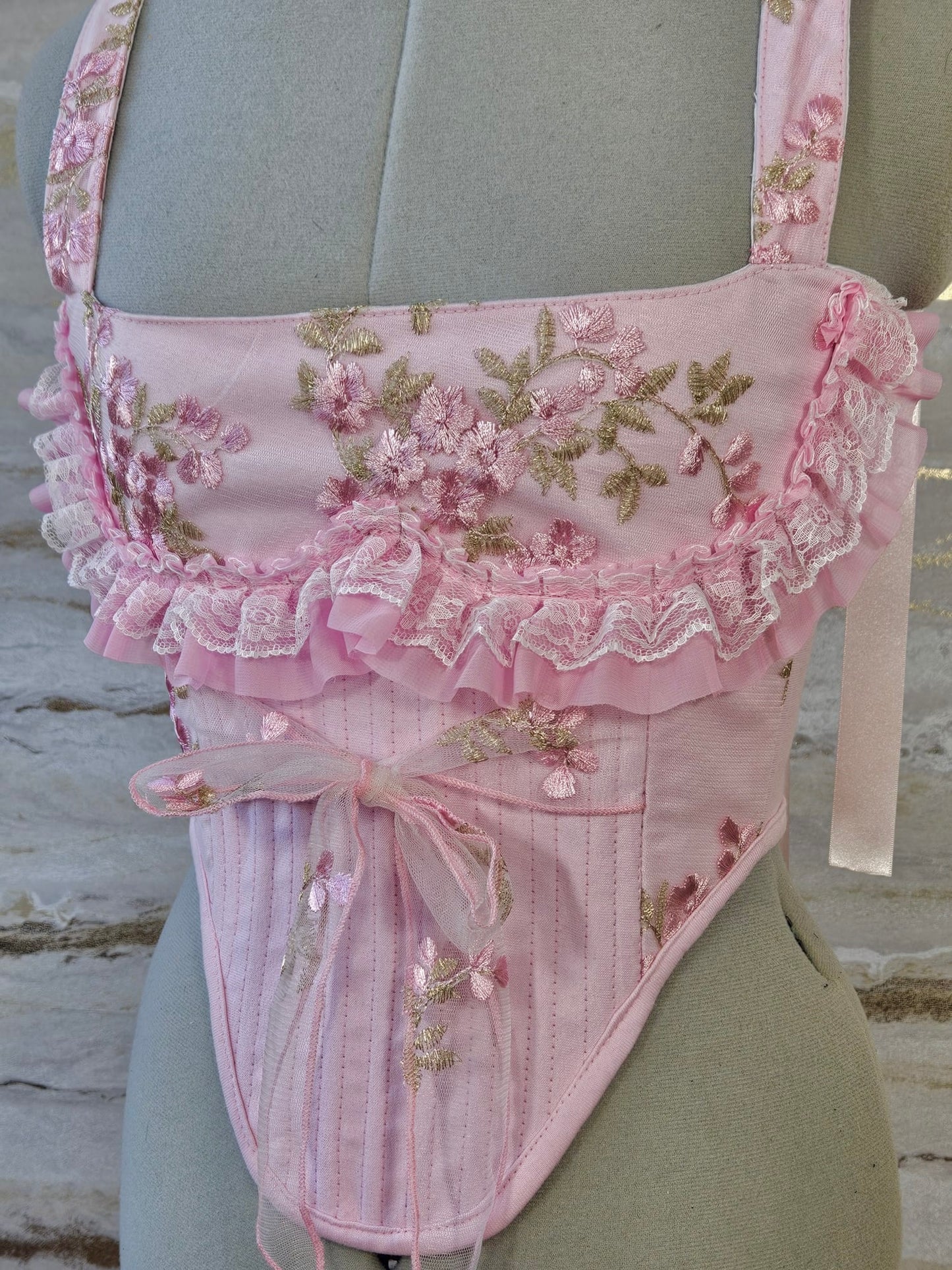 Reworked Delicate pink lace corset with frill - XS