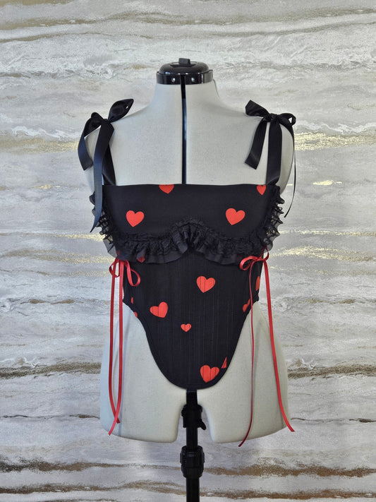 Reworked Delicate black heart corset with frill - S