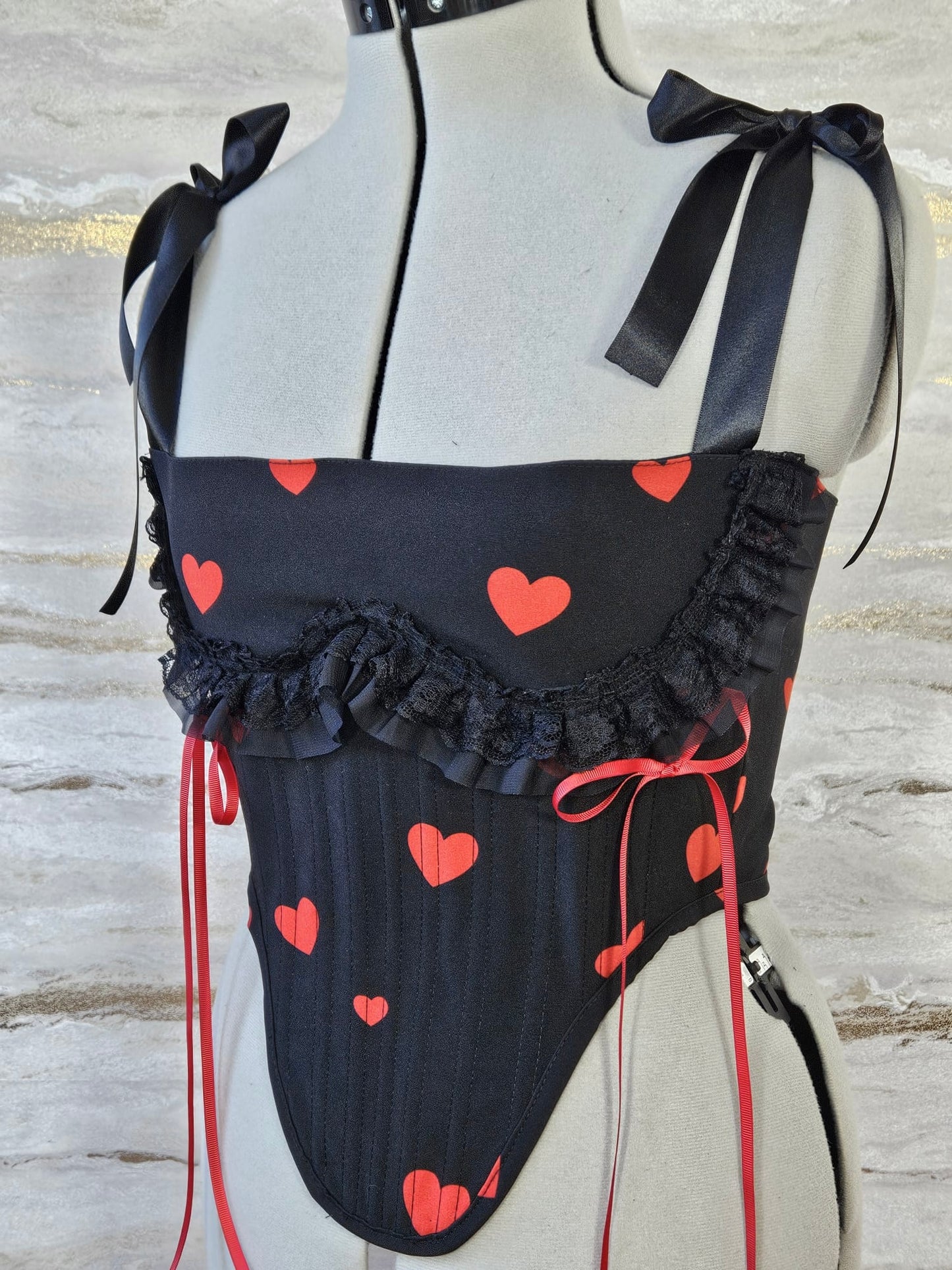 Reworked Delicate black heart corset with frill - S