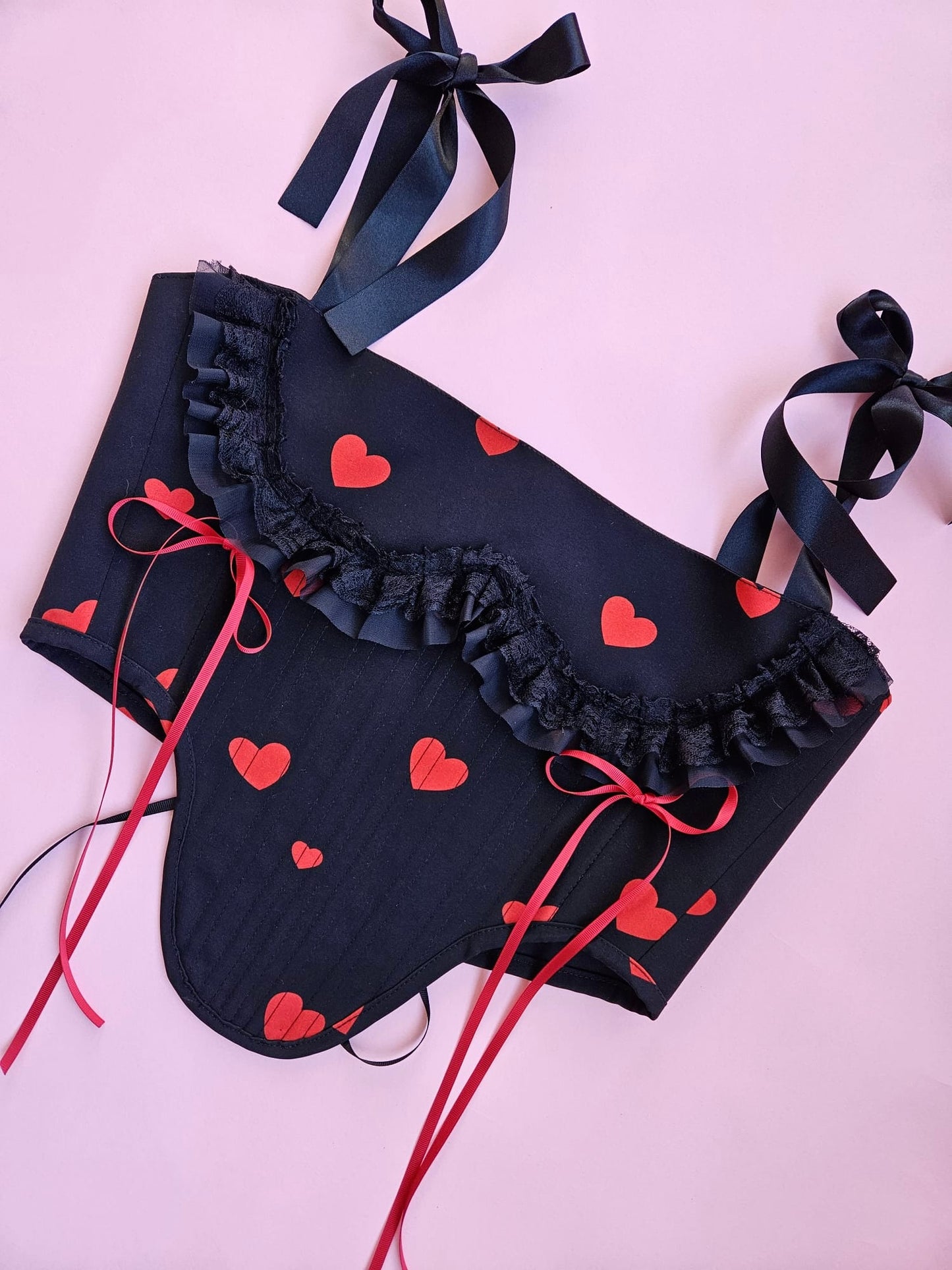 Reworked Delicate black heart corset with frill - S