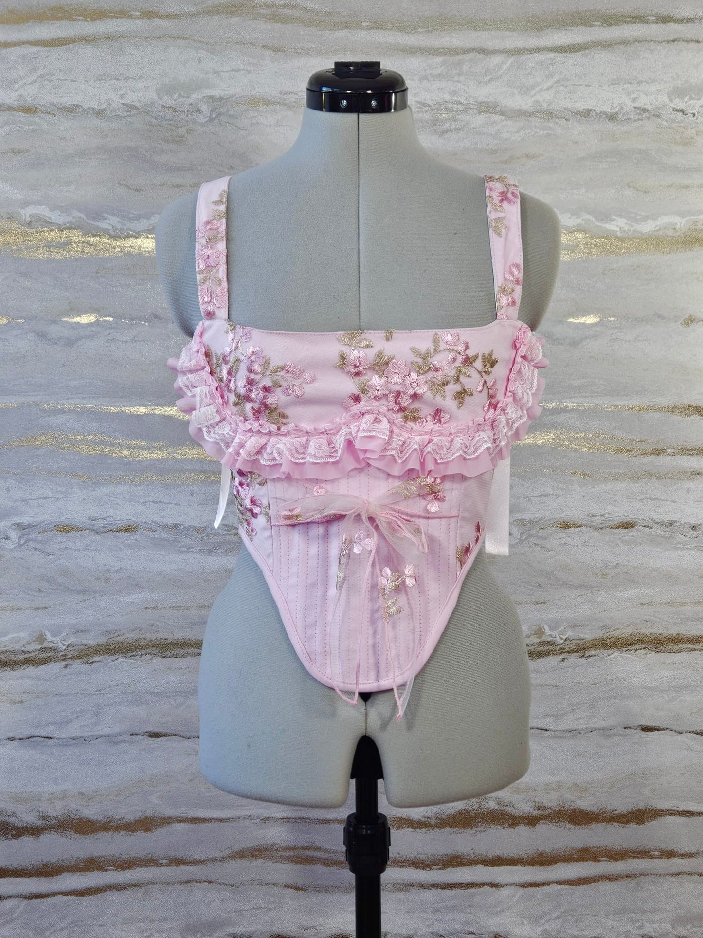 Reworked Delicate pink lace corset with frill - XS