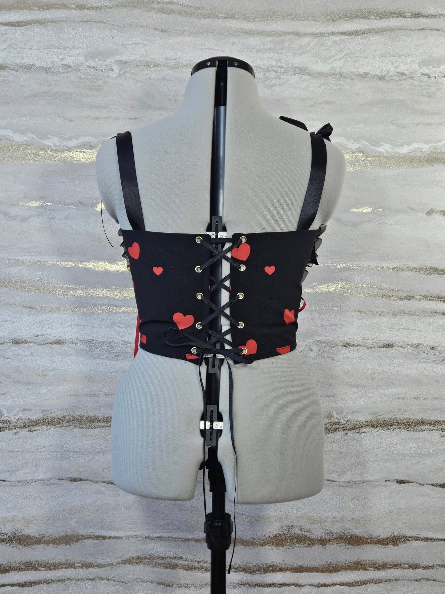 Reworked Delicate black heart corset with frill - S