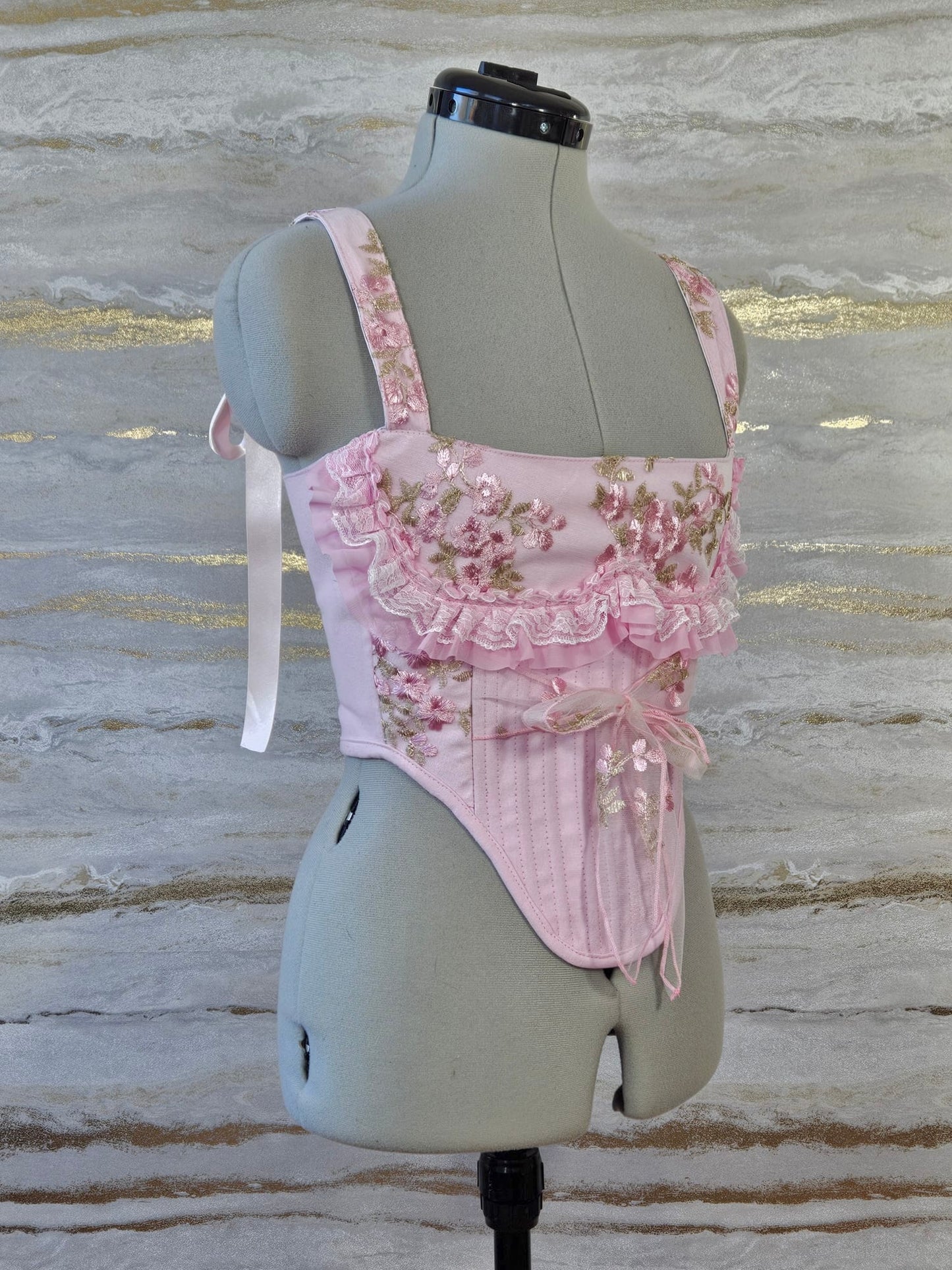 Reworked Delicate pink lace corset with frill - XS