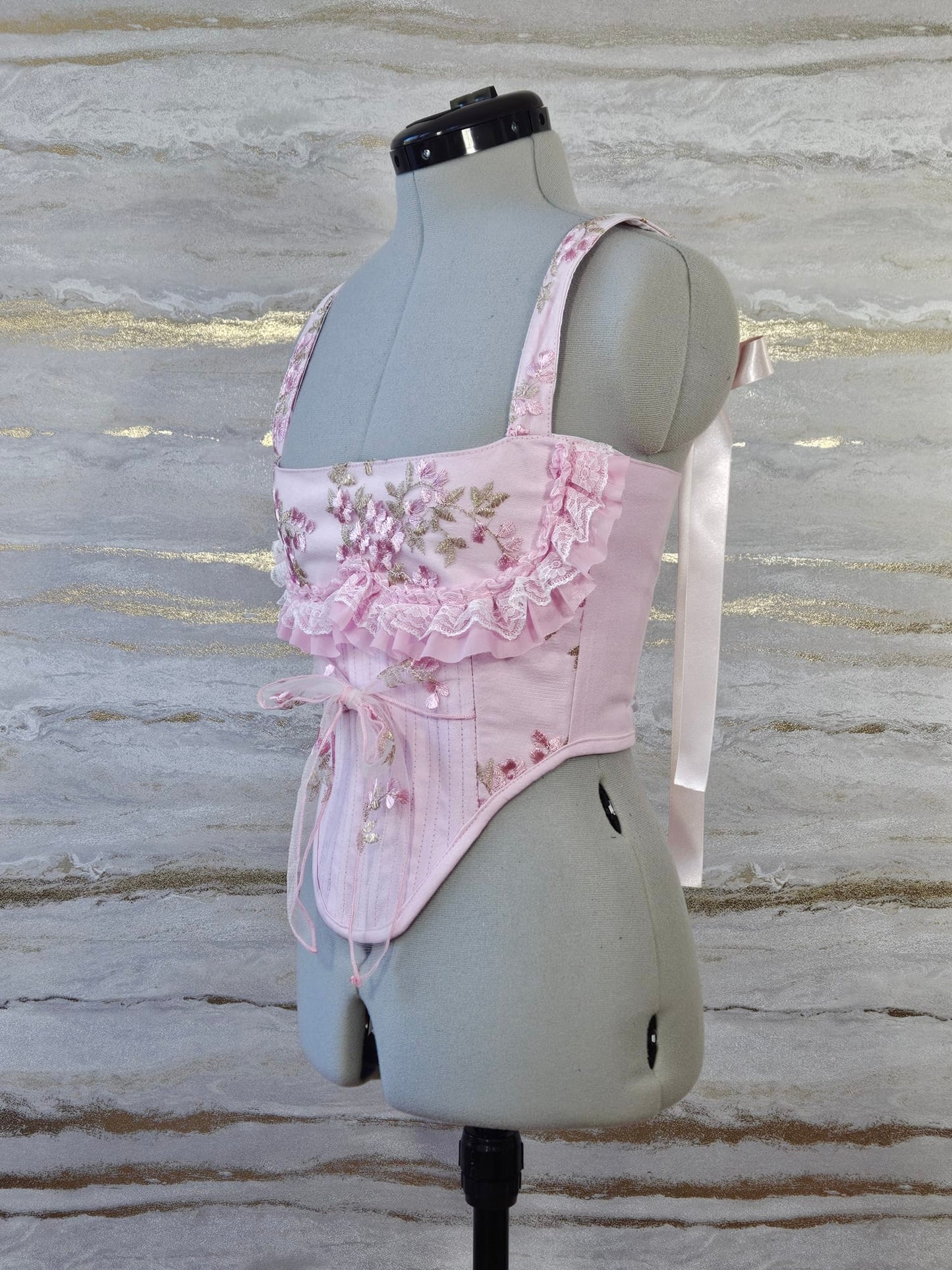 Reworked Delicate pink lace corset with frill - XS