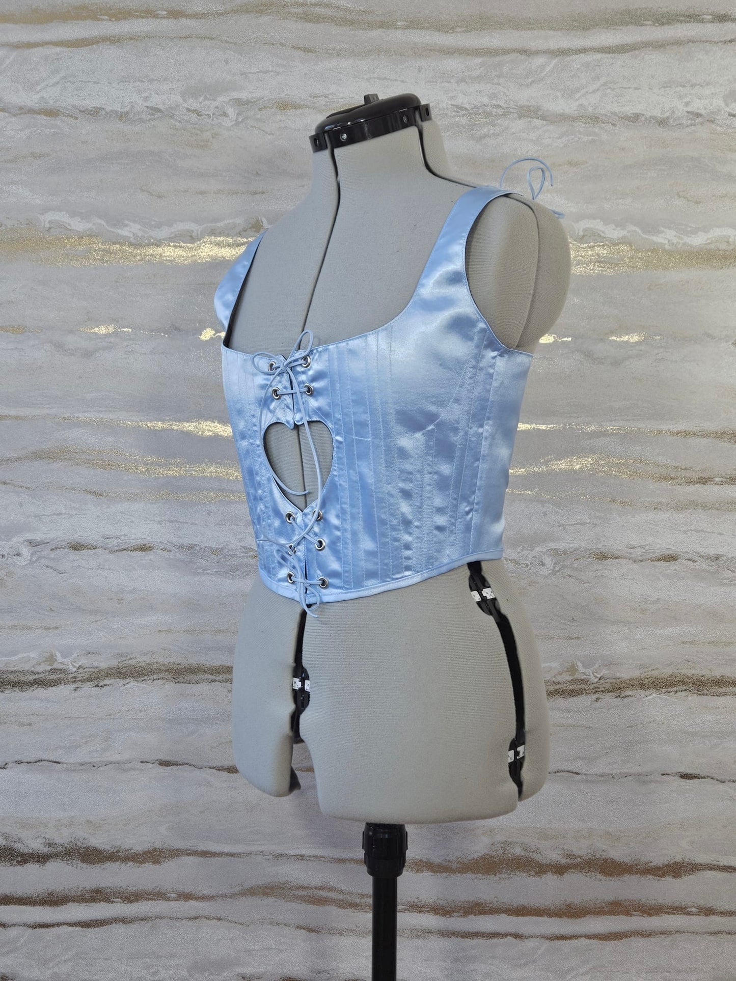 Reworked Baby blue satin heart cropped back lacing corset - XS-S