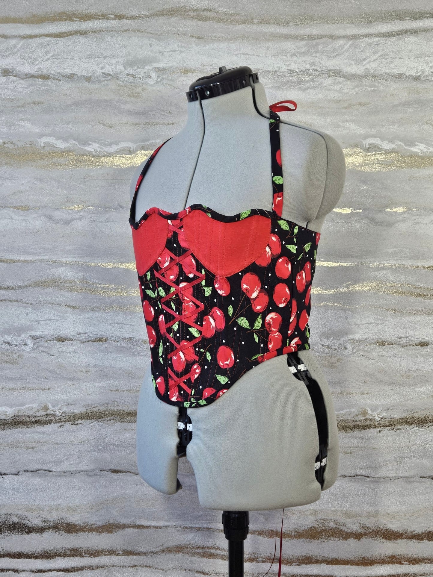 Reworked Cherry heart cropped back lacing corset - S