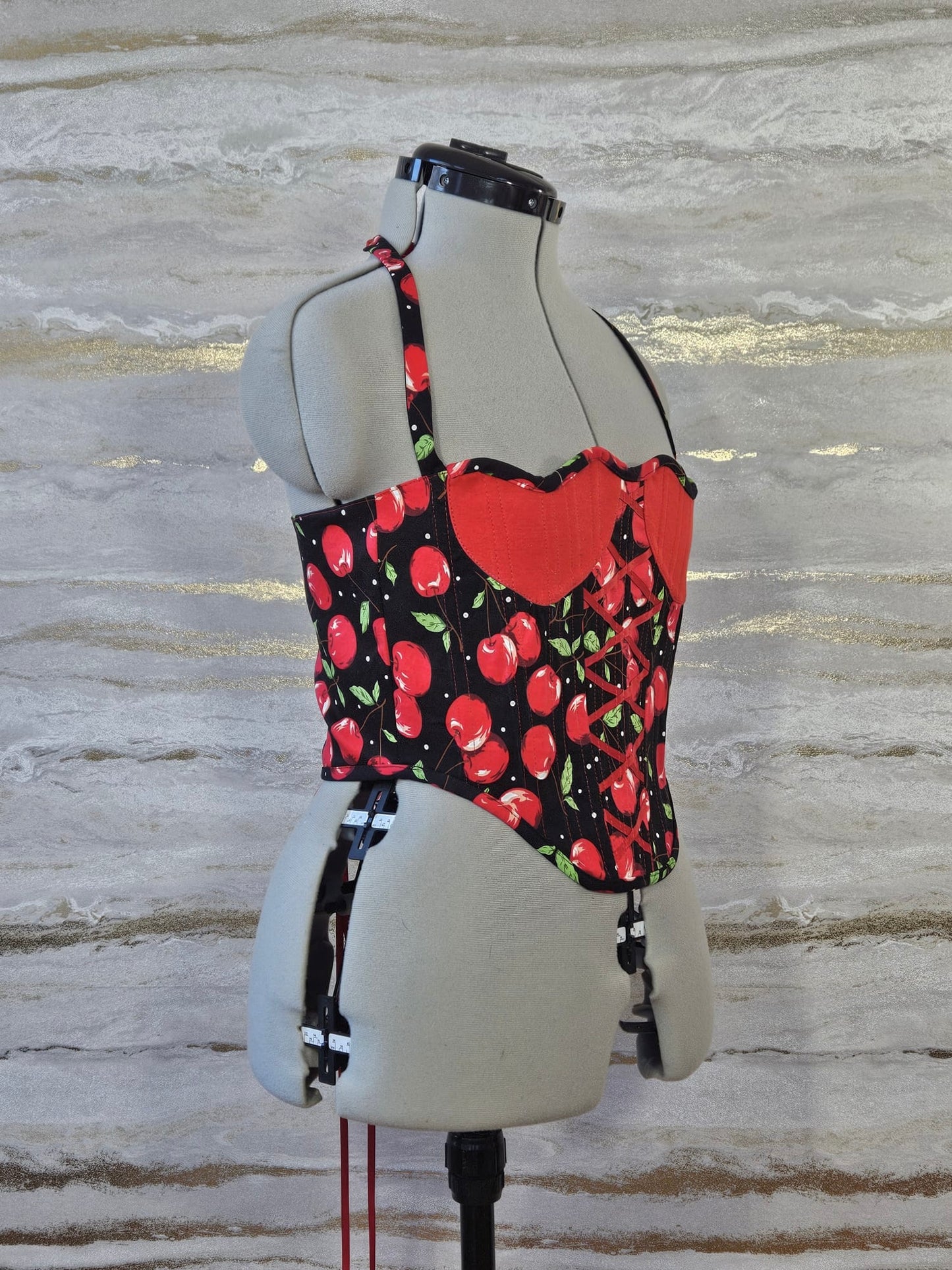 Reworked Cherry heart cropped back lacing corset - S