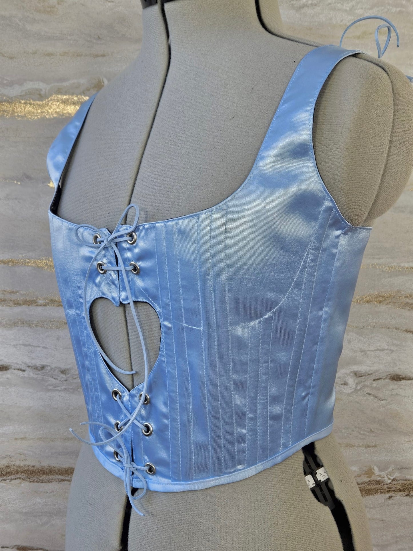 Reworked Baby blue satin heart cropped back lacing corset - XS-S