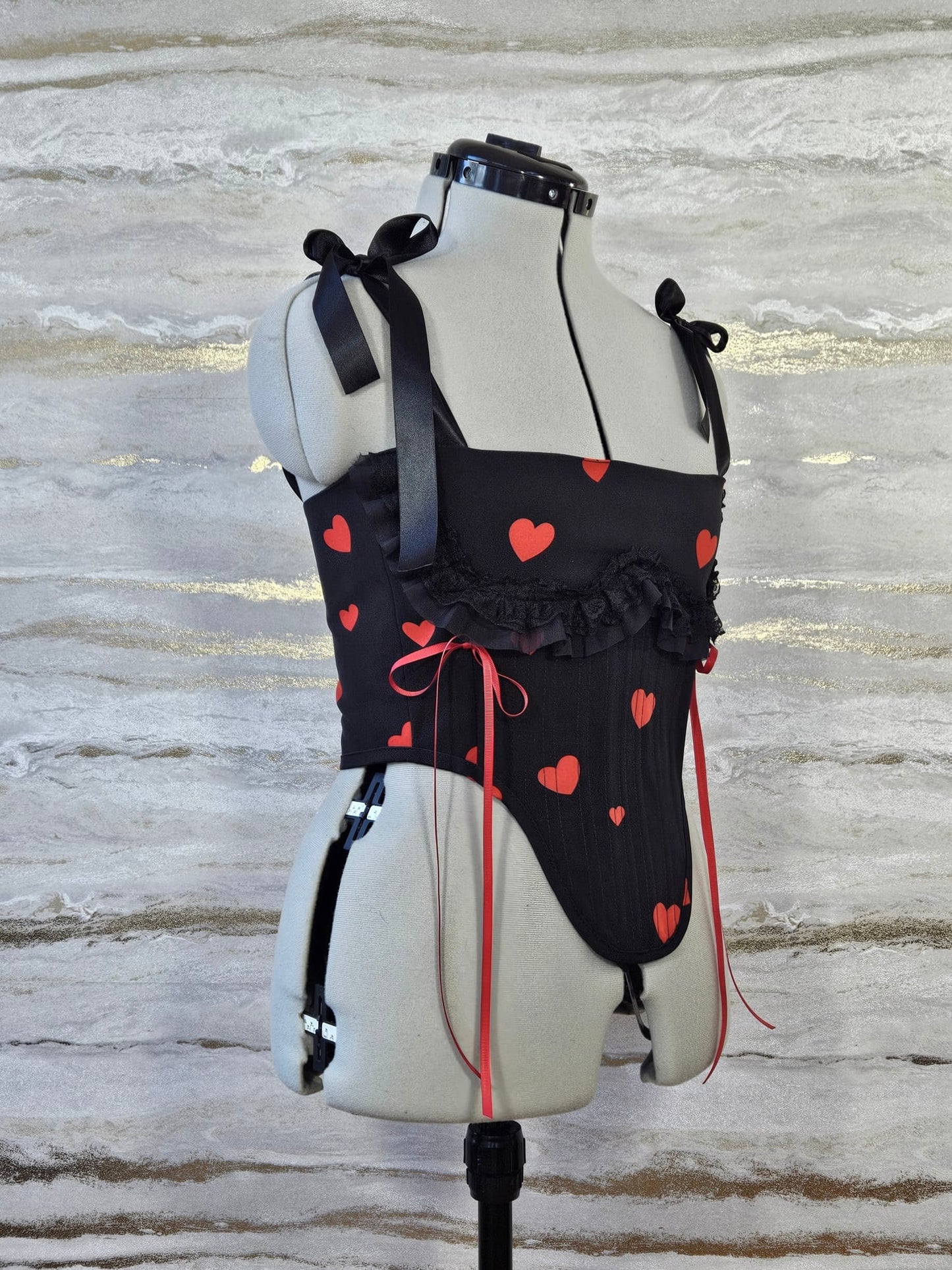 Reworked Delicate black heart corset with frill - S