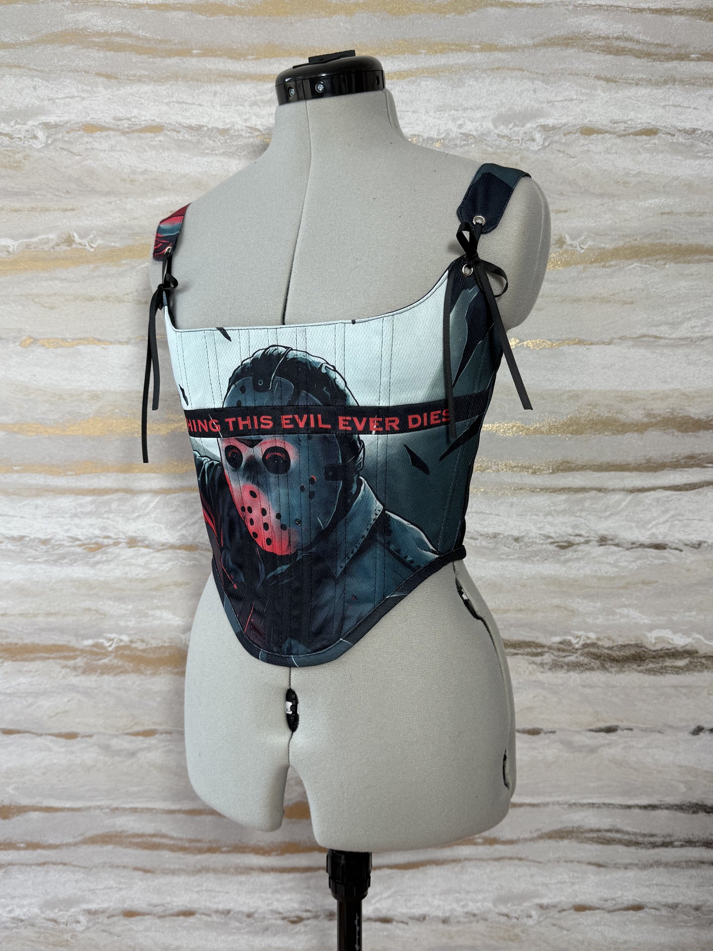 Reworked Jason/Friday the 13th cropped back lacing corset - S