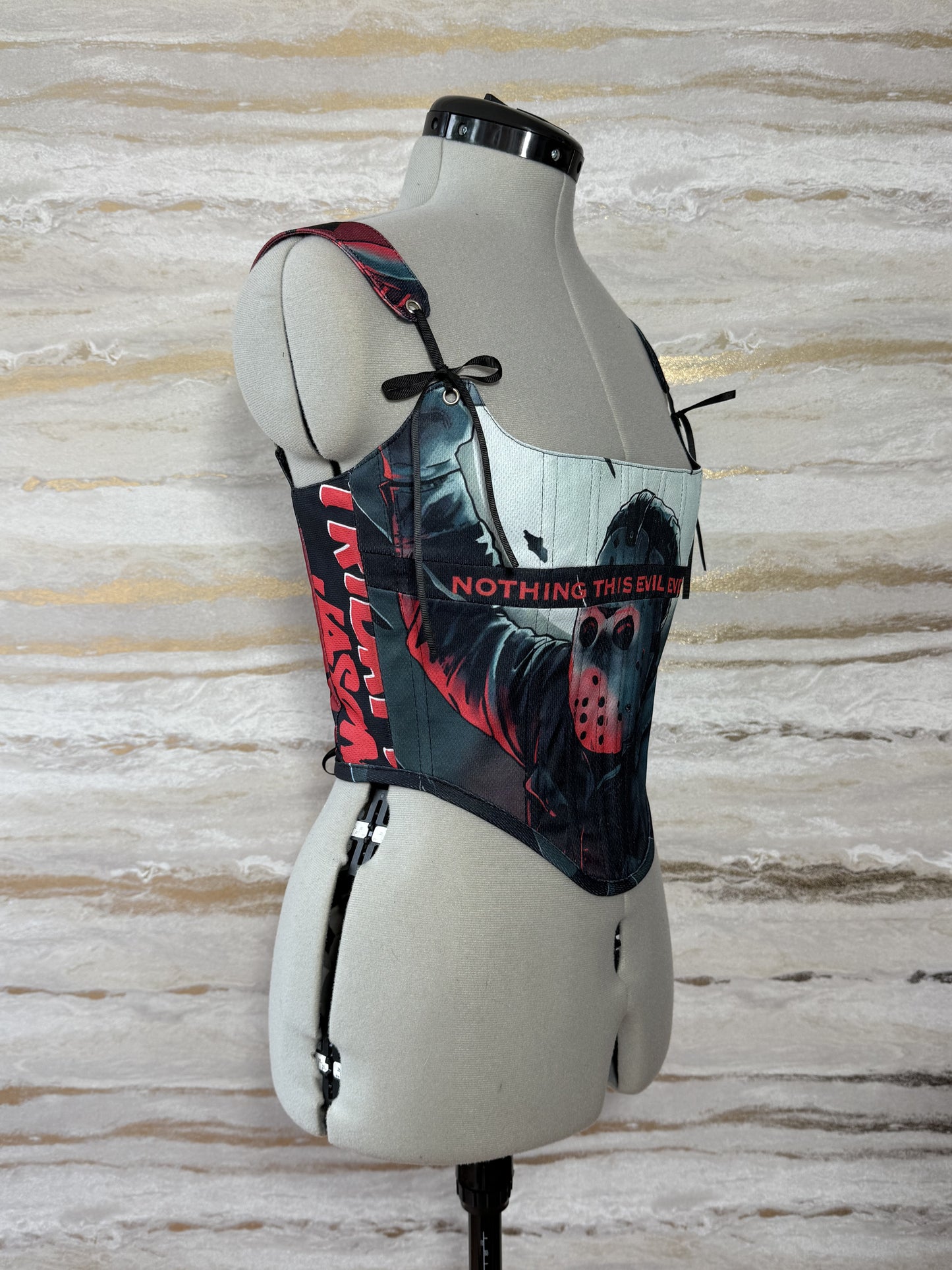 Reworked Jason/Friday the 13th cropped back lacing corset - S