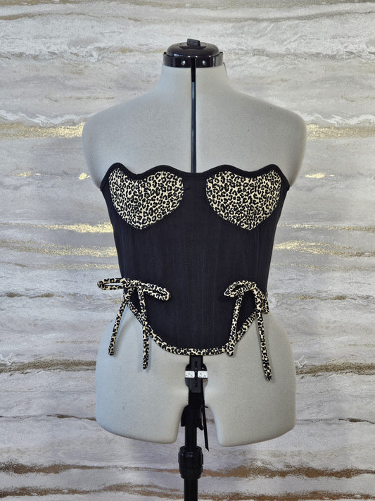 Reworked Black and leopard print hearts cropped back lacing corset -S-M