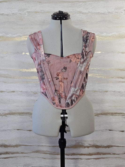 Reworked pink Enchanting Cherub cropped back lacing corset - S