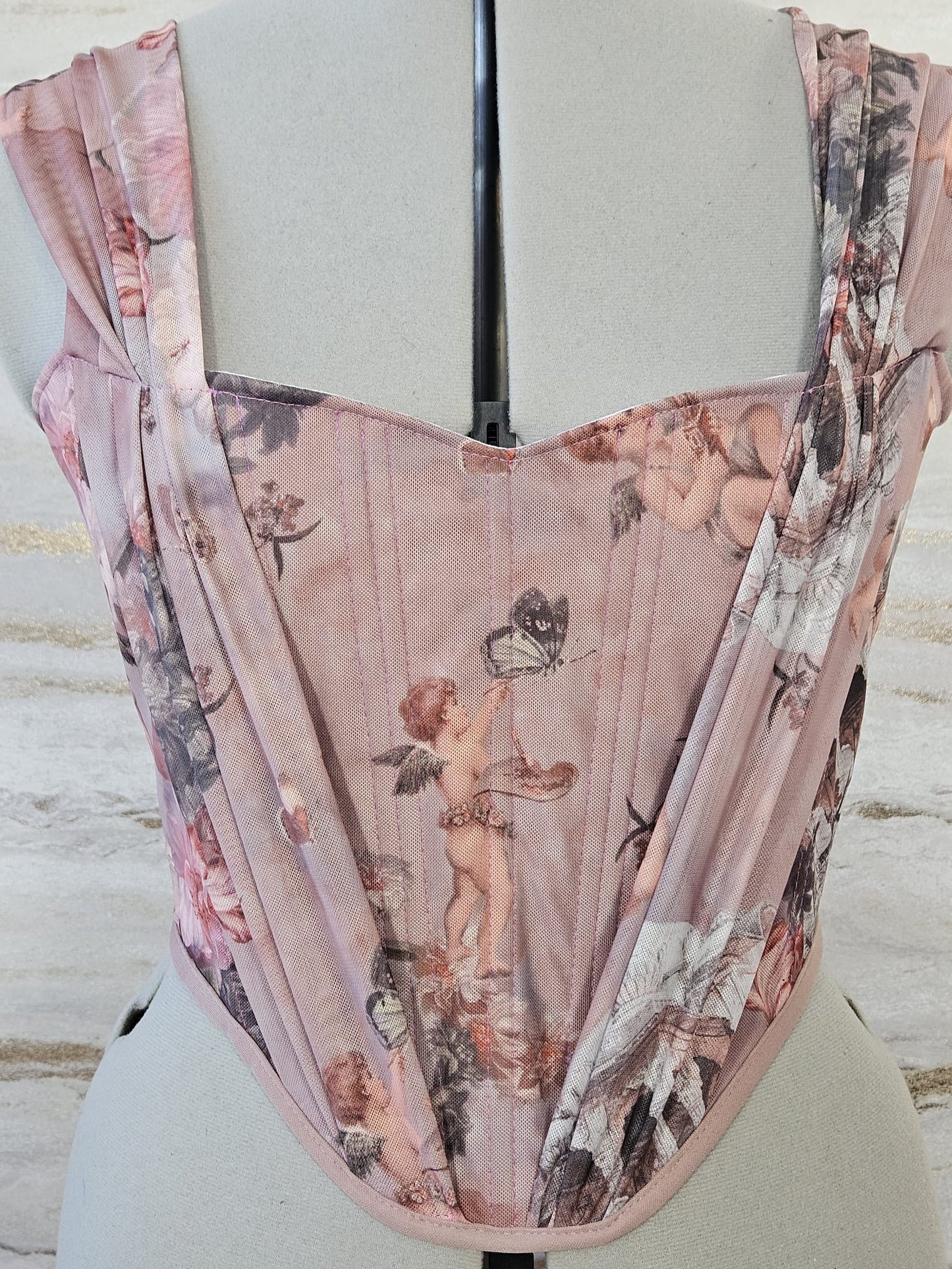 Reworked pink Enchanting Cherub cropped back lacing corset - S