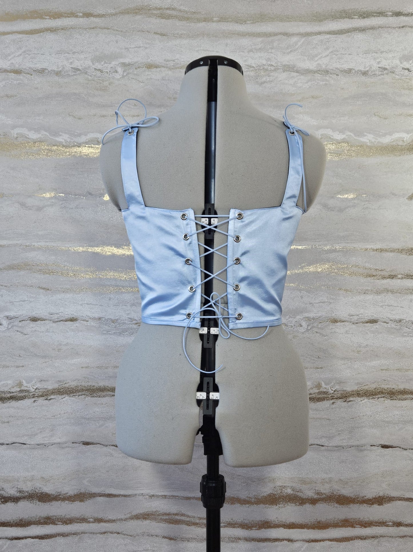 Reworked Baby blue satin heart cropped back lacing corset - XS-S