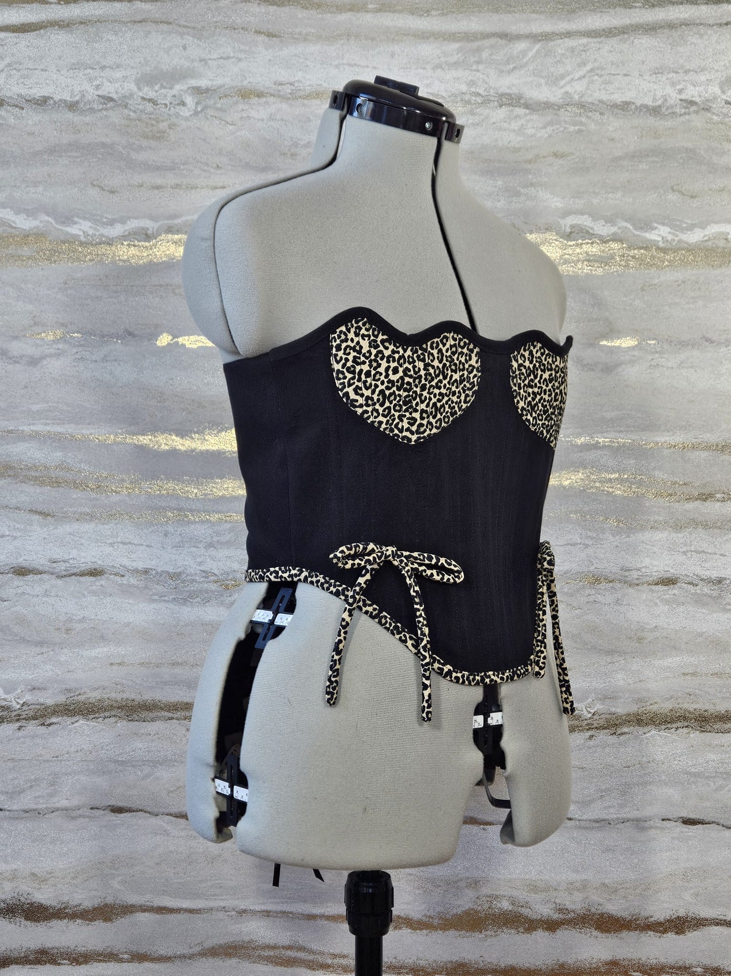 Reworked Black and leopard print hearts cropped back lacing corset -S-M