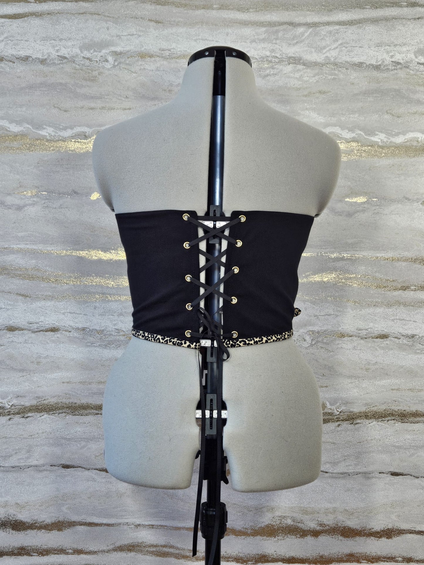 Reworked Black and leopard print hearts cropped back lacing corset -S-M