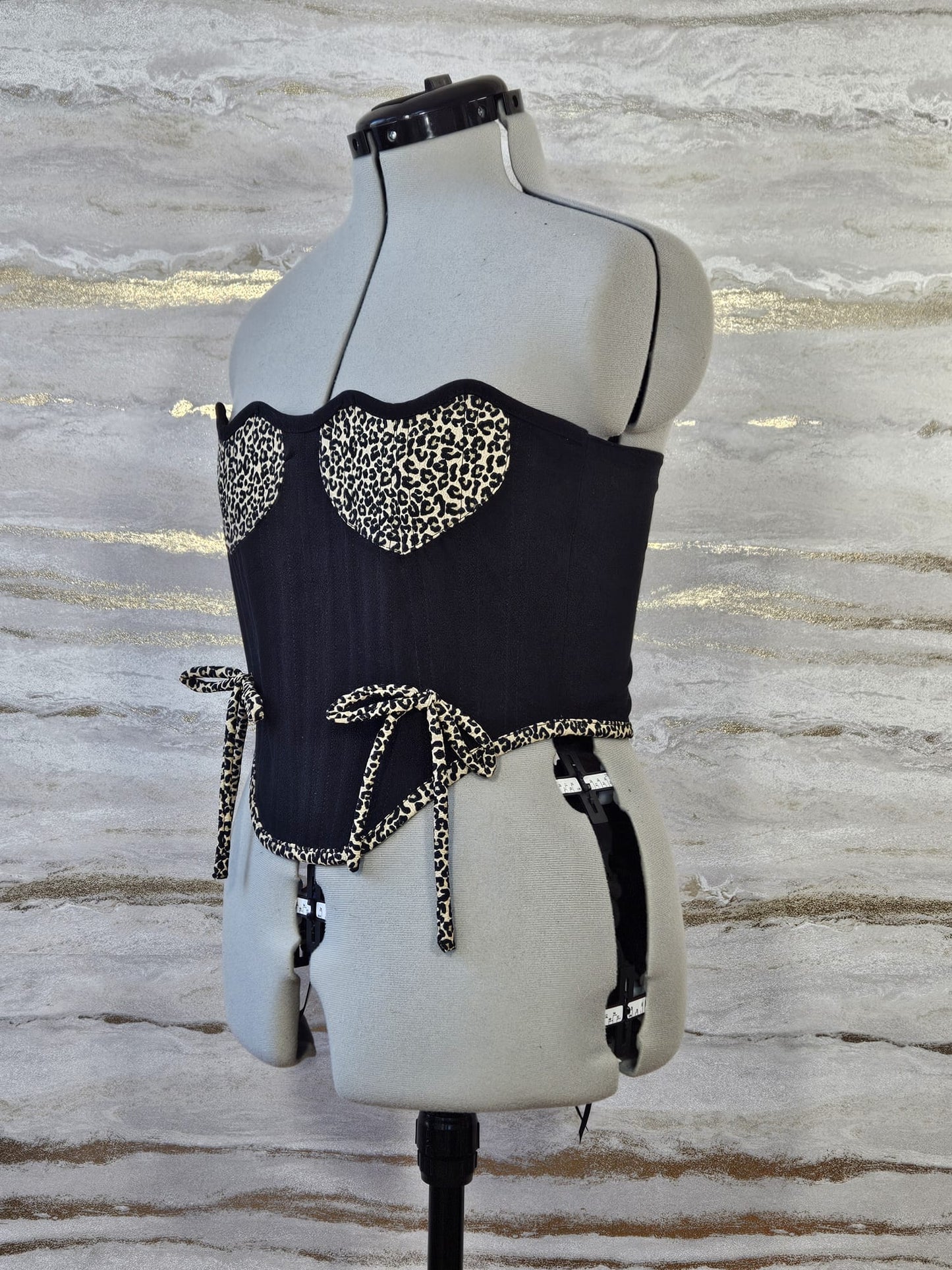 Reworked Black and leopard print hearts cropped back lacing corset -S-M