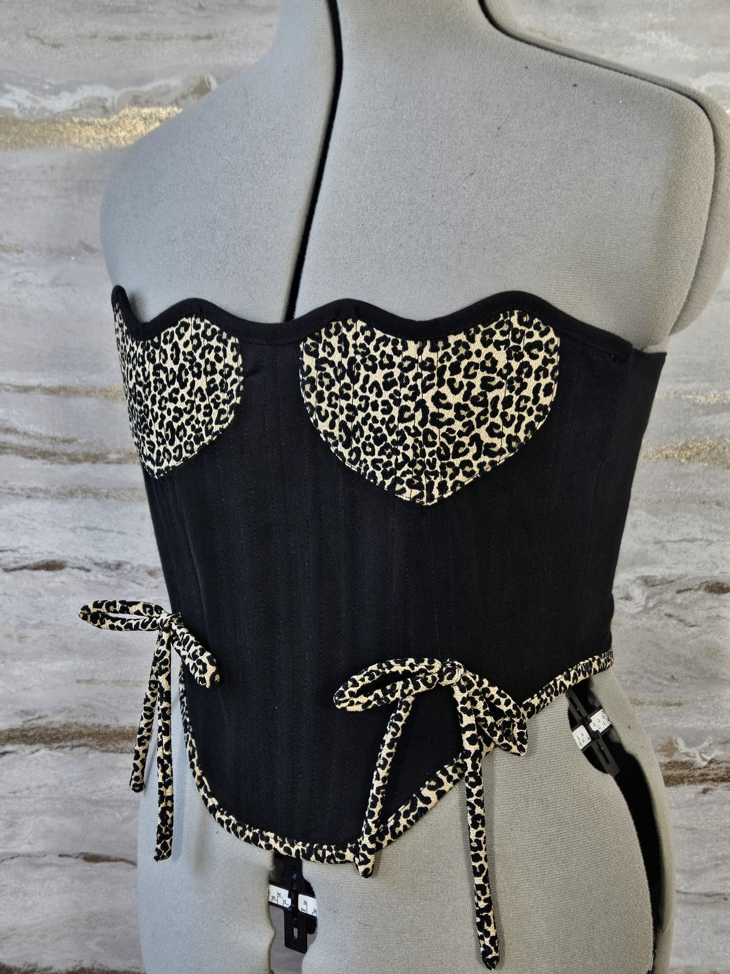 Reworked Black and leopard print hearts cropped back lacing corset -S-M