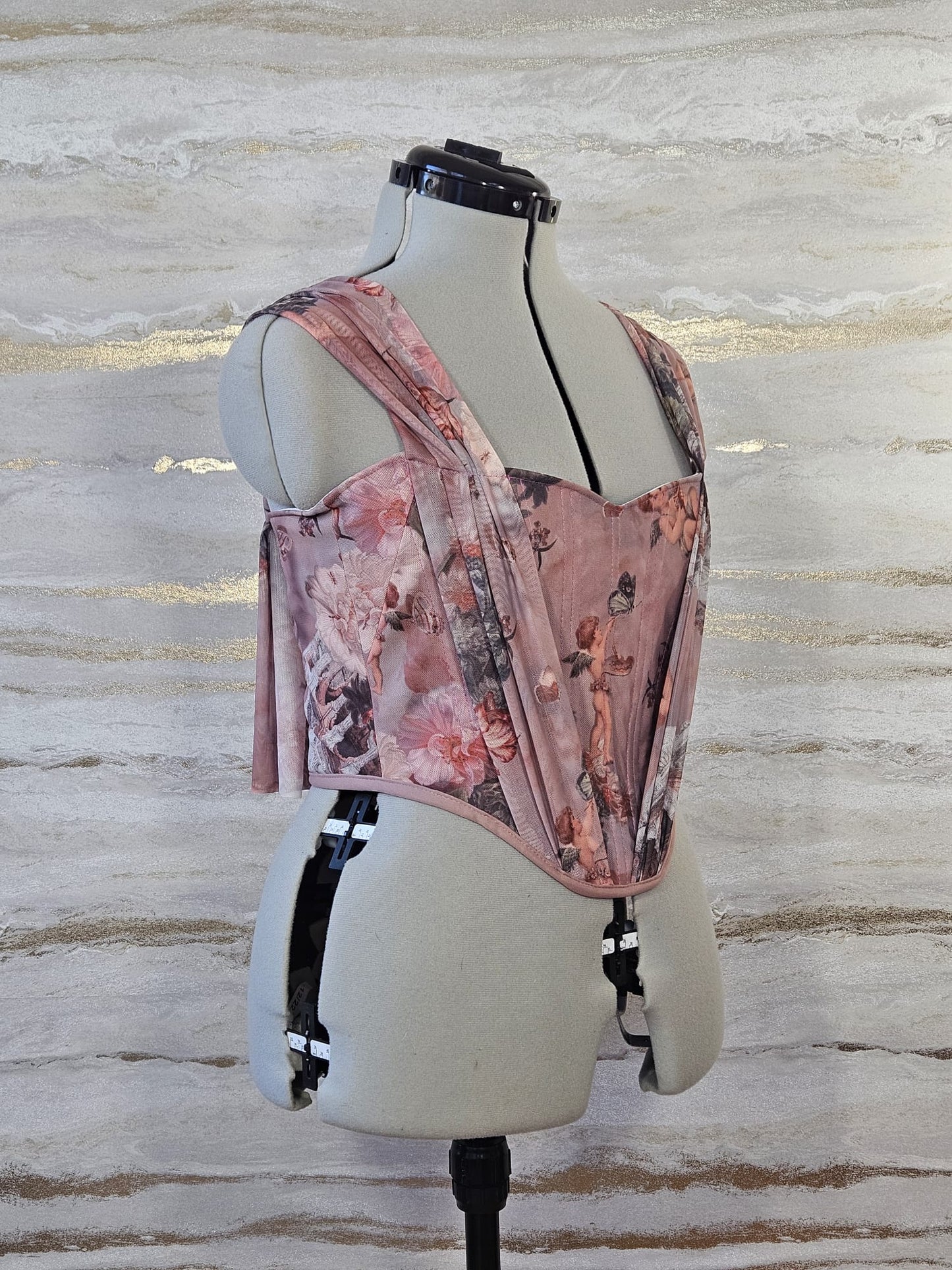 Reworked pink Enchanting Cherub cropped back lacing corset - S