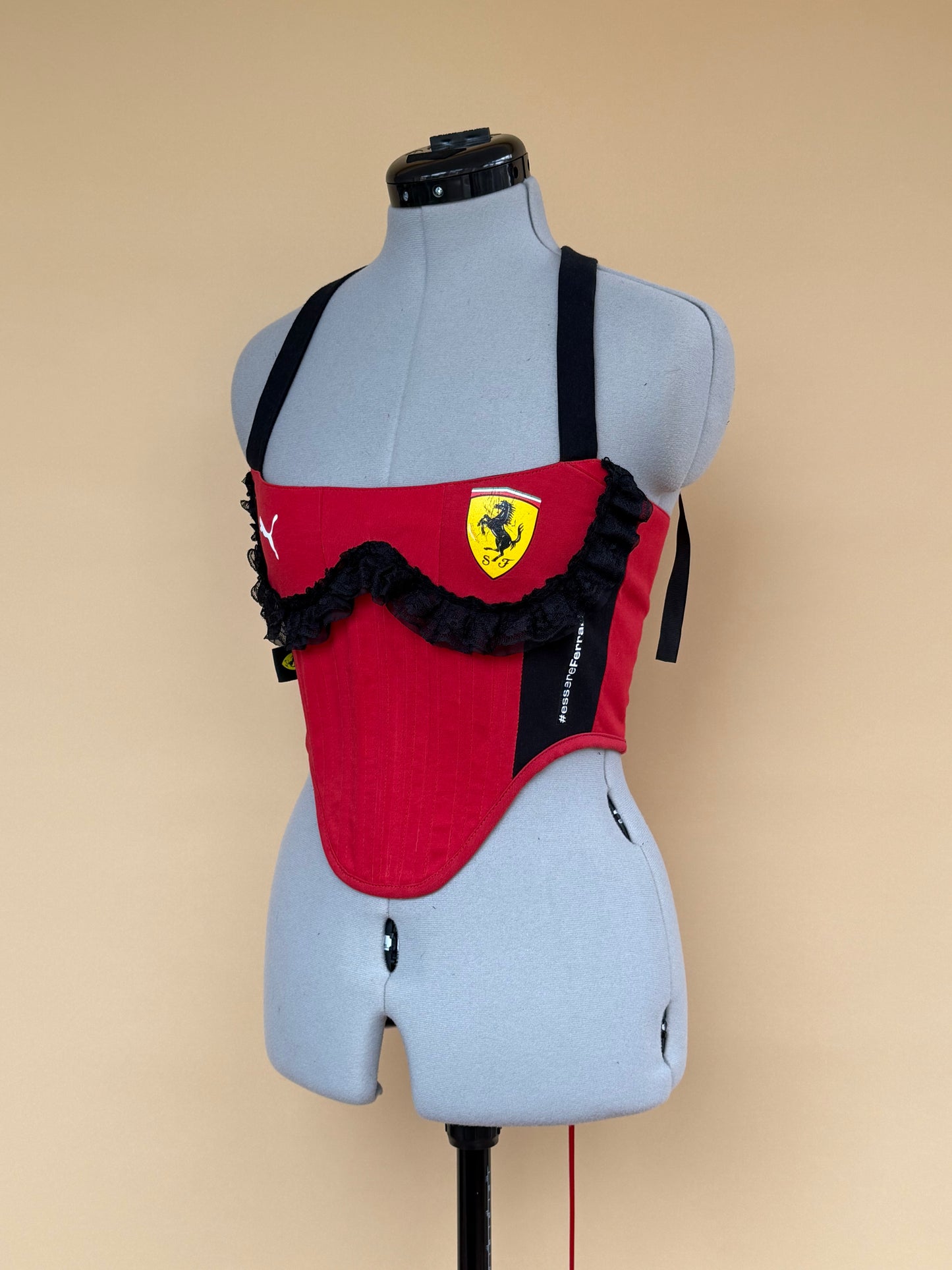 Sample Reworked Ferrari frilly cropped back lacing corset - XS