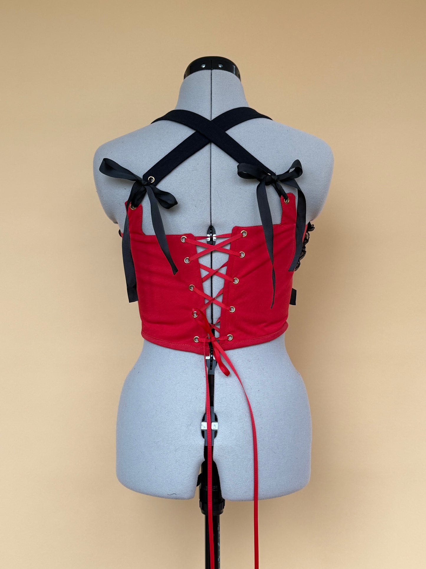 Sample Reworked Ferrari frilly cropped back lacing corset - XS