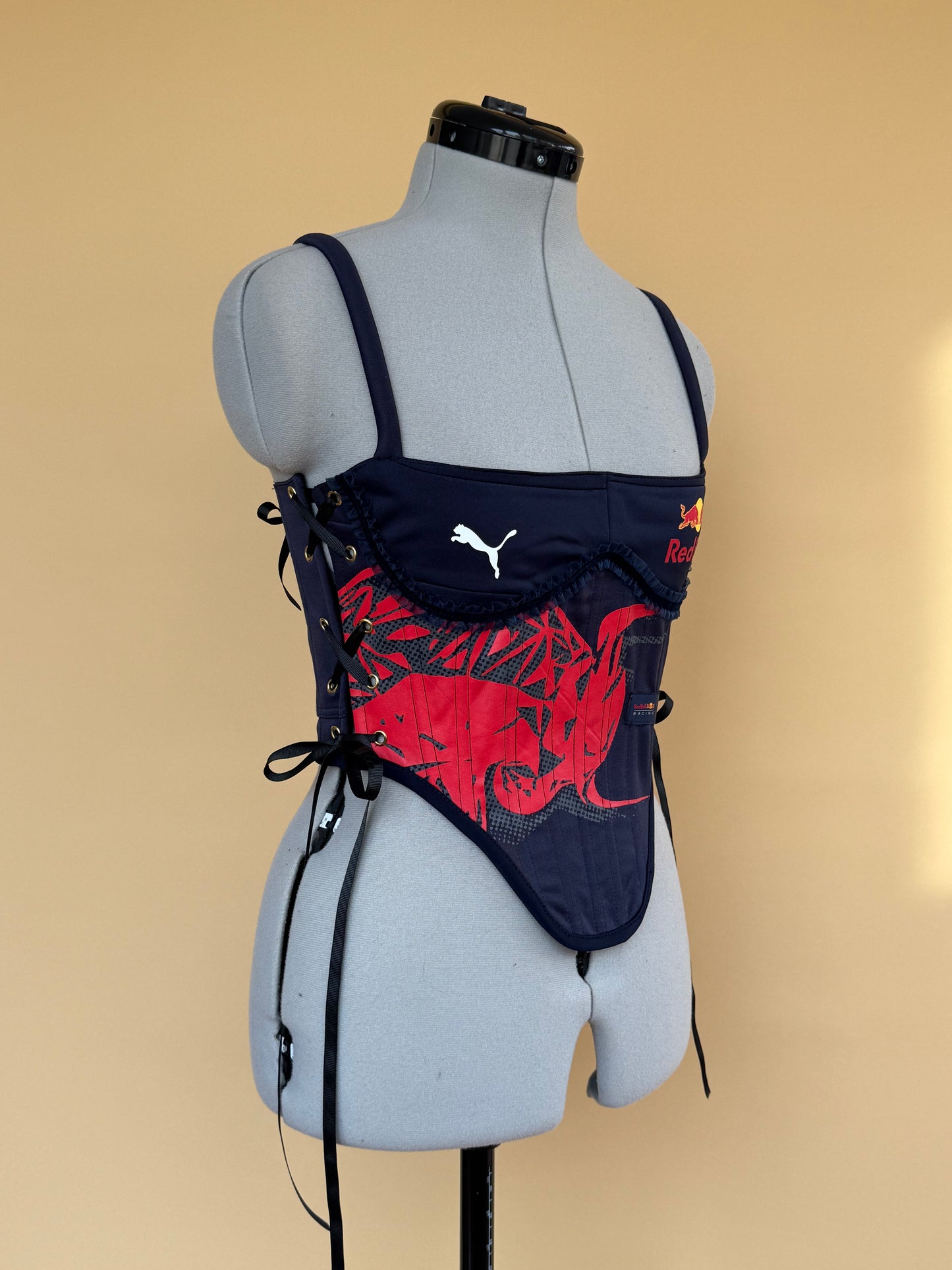 Sample Reworked Red bull Frilly cropped side lacing corset - XS