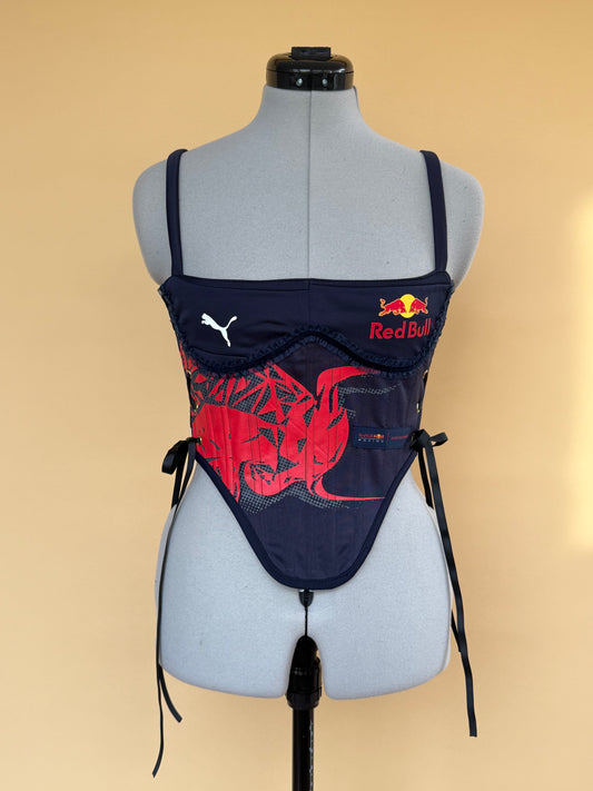 Sample Reworked Red bull Frilly cropped side lacing corset - XS