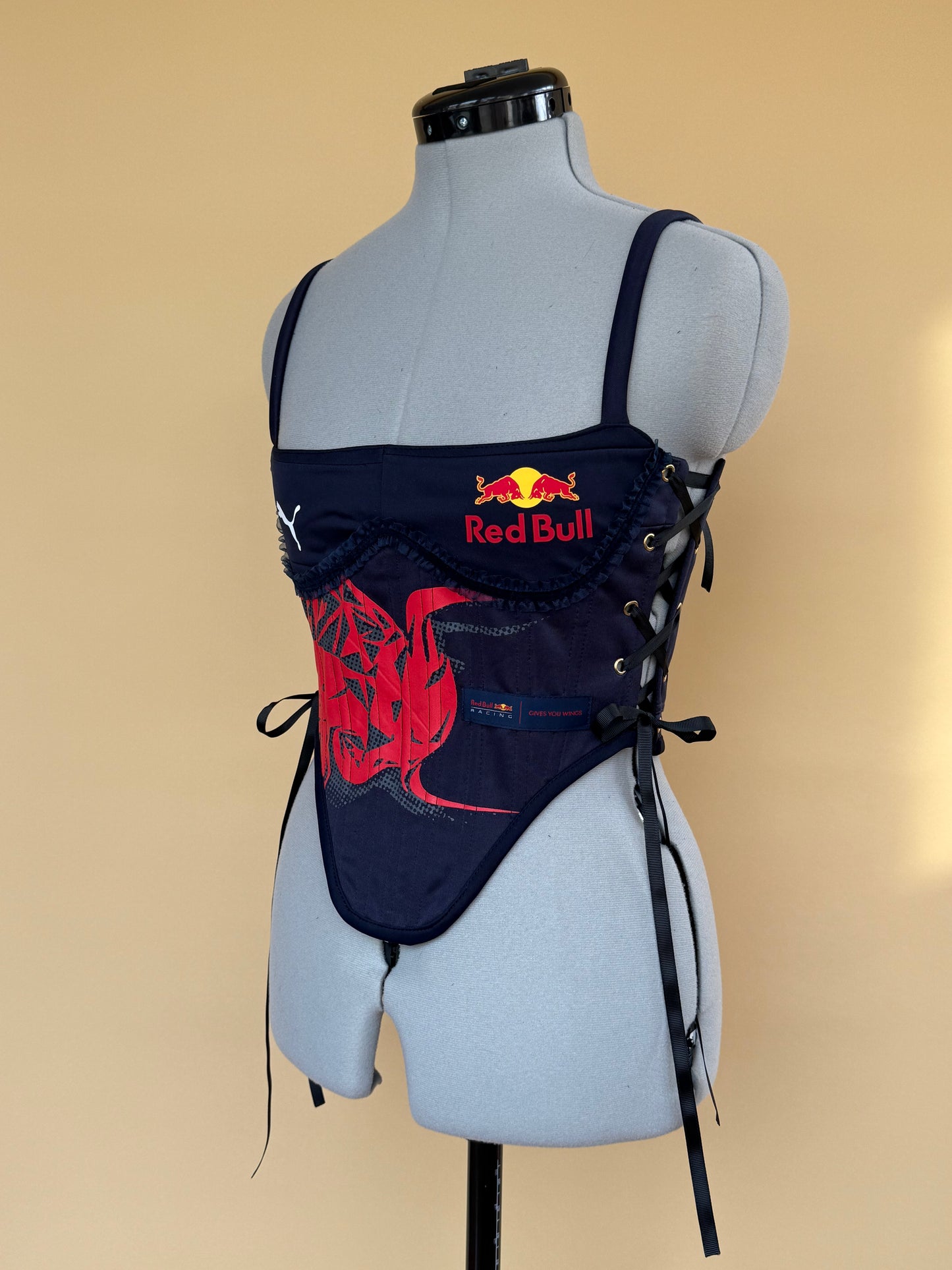 Sample Reworked Red bull Frilly cropped side lacing corset - XS