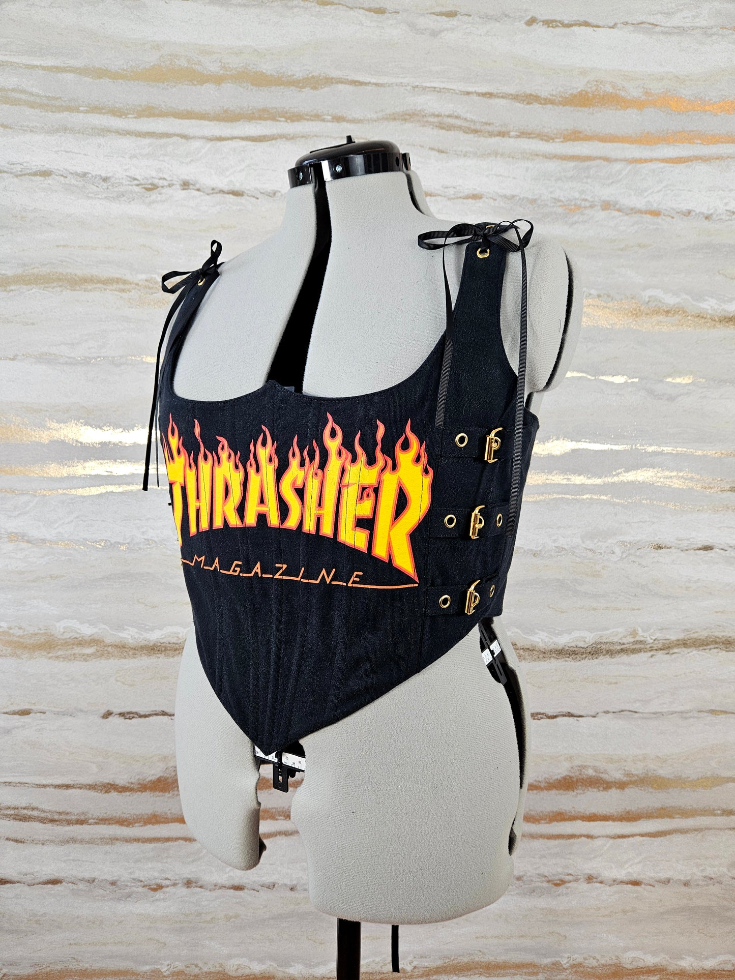 Reworked Black Thrasher cropped back lacing corset - L