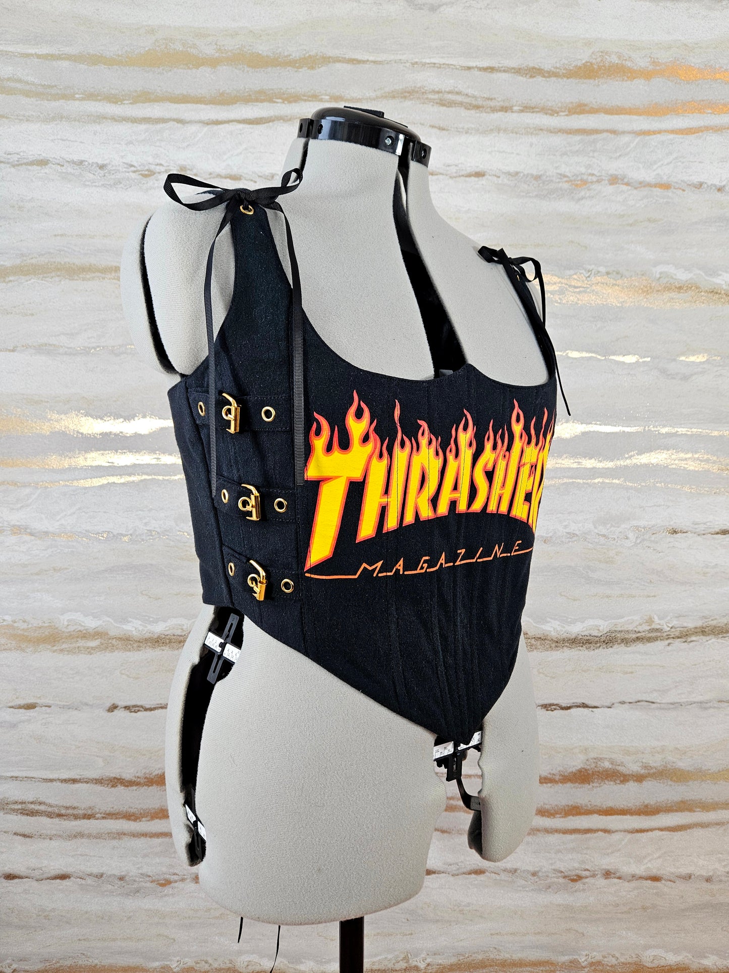 Reworked Black Thrasher cropped back lacing corset - L