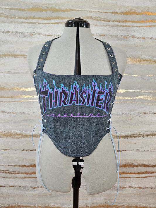 Reworked Grey Thrasher cropped back lacing corset - S