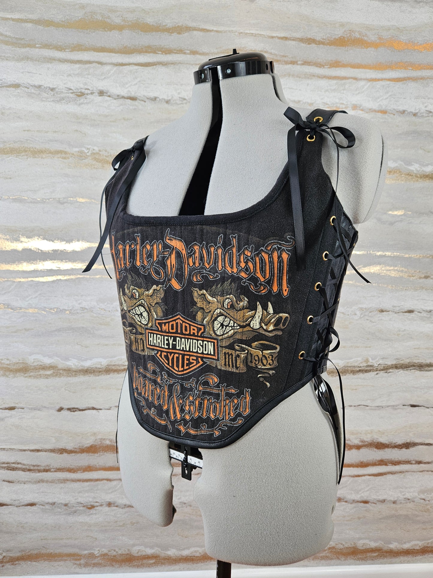 Reworked Harley Davidson cropped back lacing corset - M