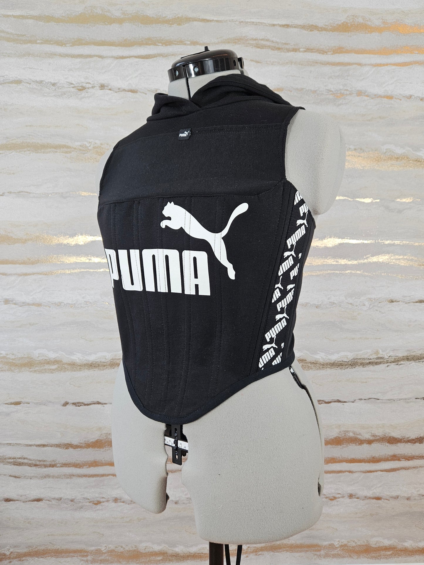 Reworked black Puma cropped back lacing hooded corset - S/M