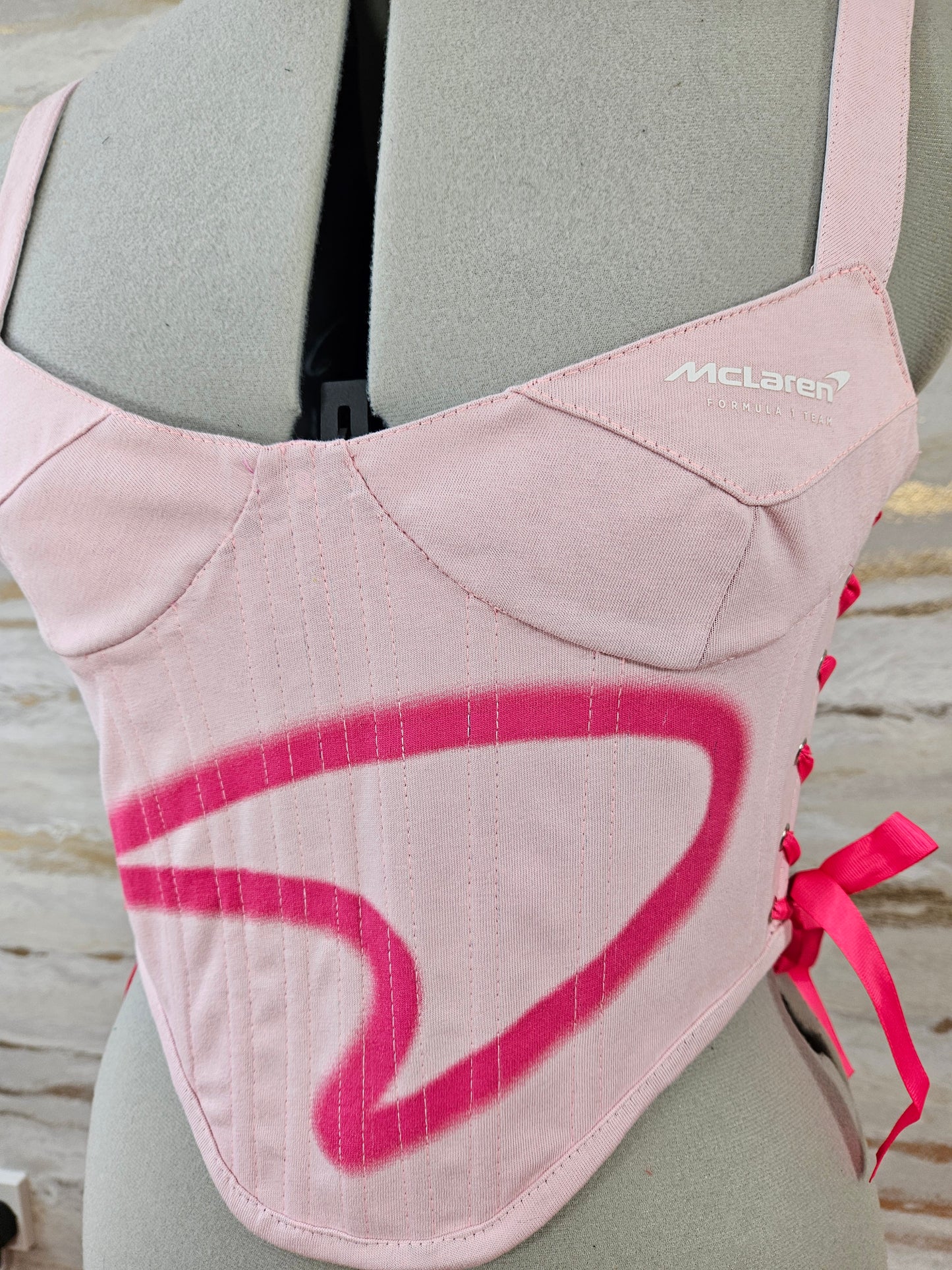 Reworked Pink McLaren cropped back lacing corset - XS/S