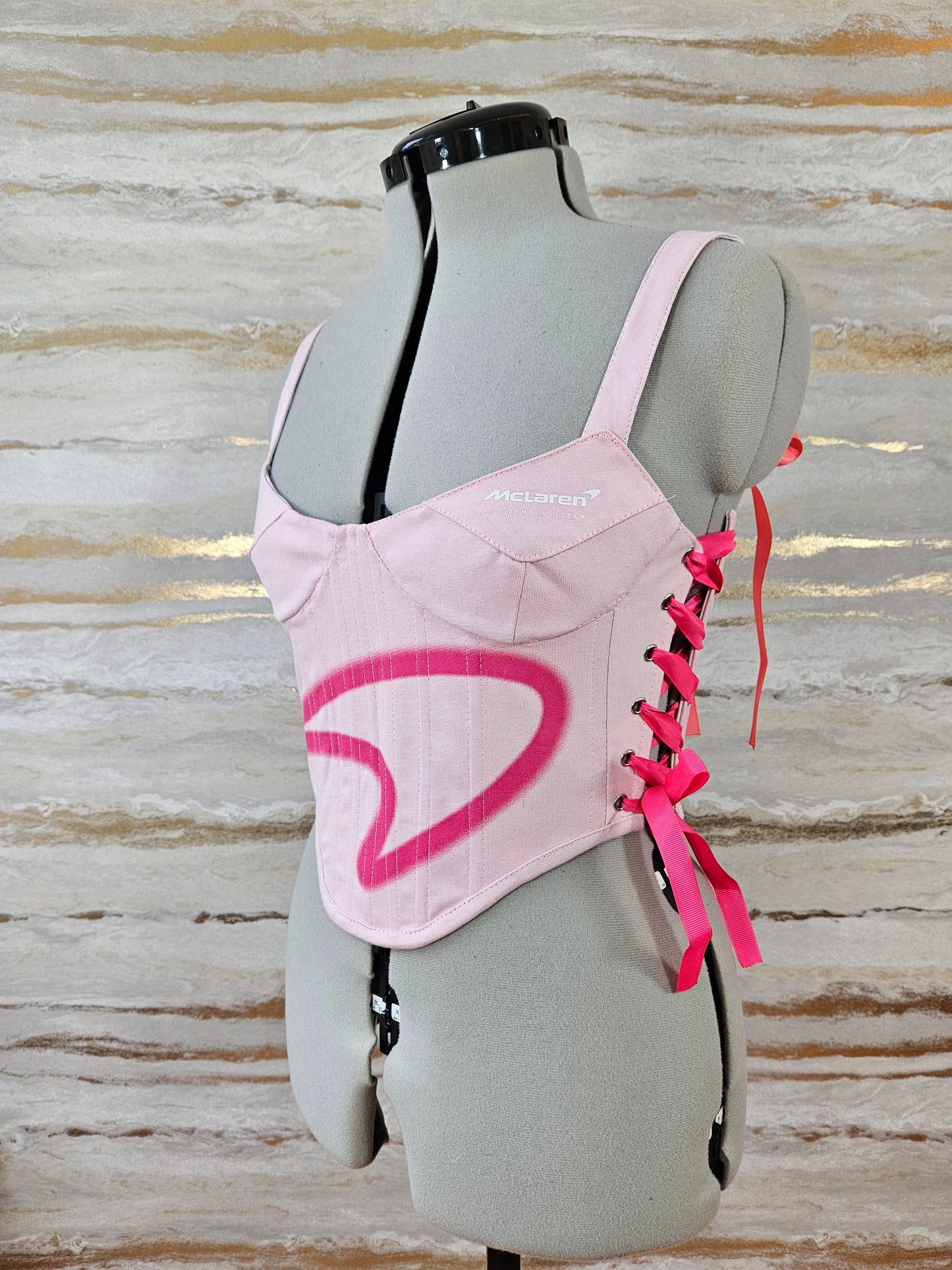 Reworked Pink McLaren cropped back lacing corset - XS/S