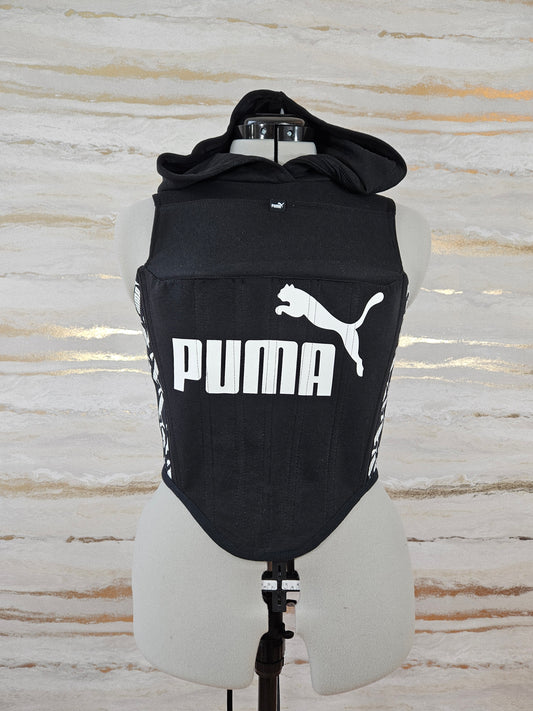 Reworked black Puma cropped back lacing hooded corset - S/M