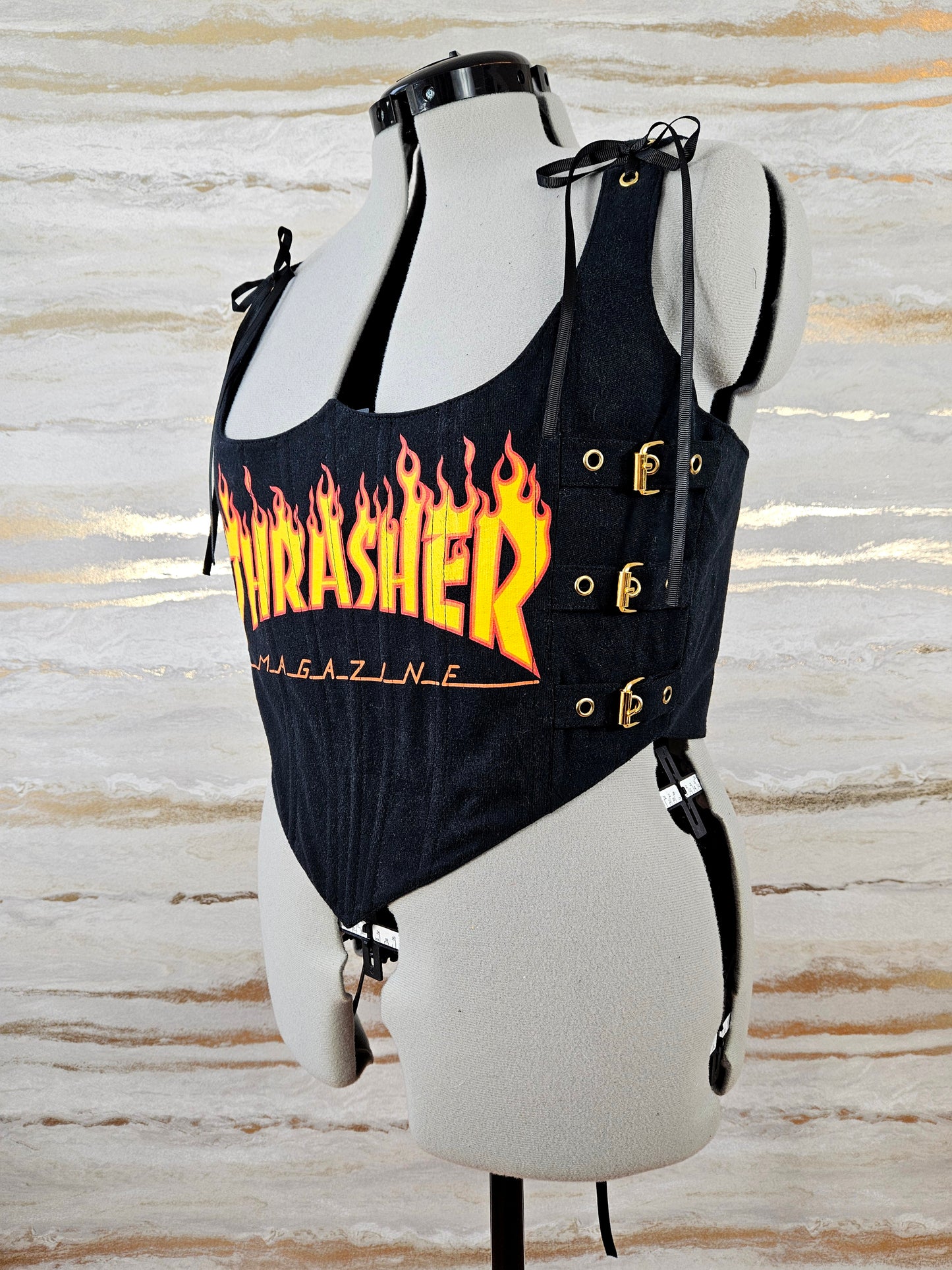 Reworked Black Thrasher cropped back lacing corset - L