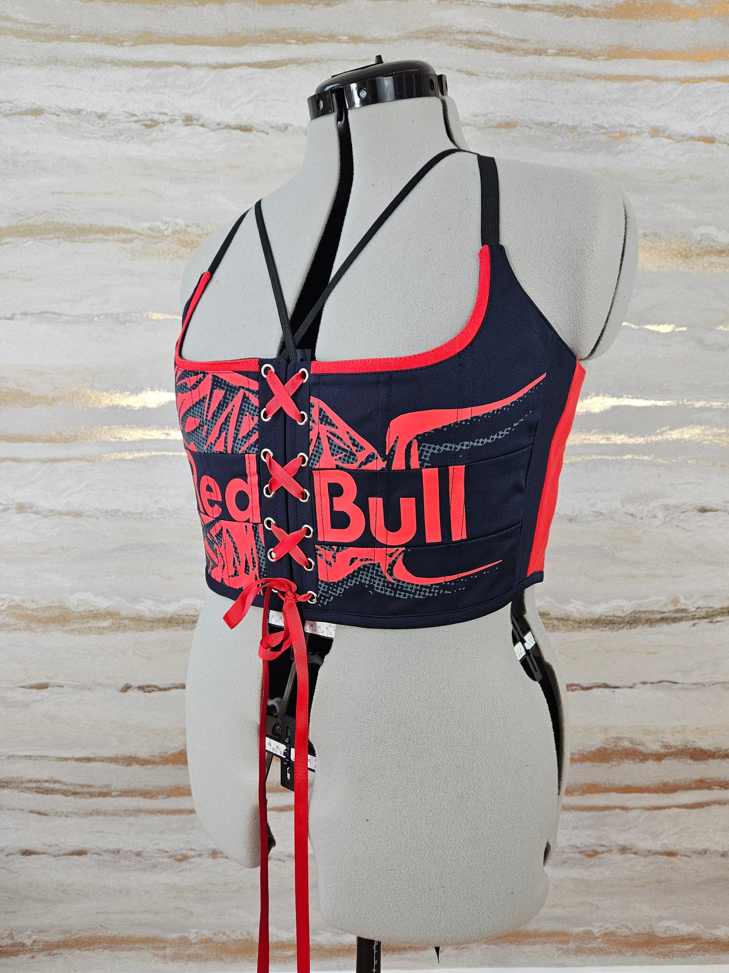 Reworked Red Bull cropped back and front lacing corset set - M