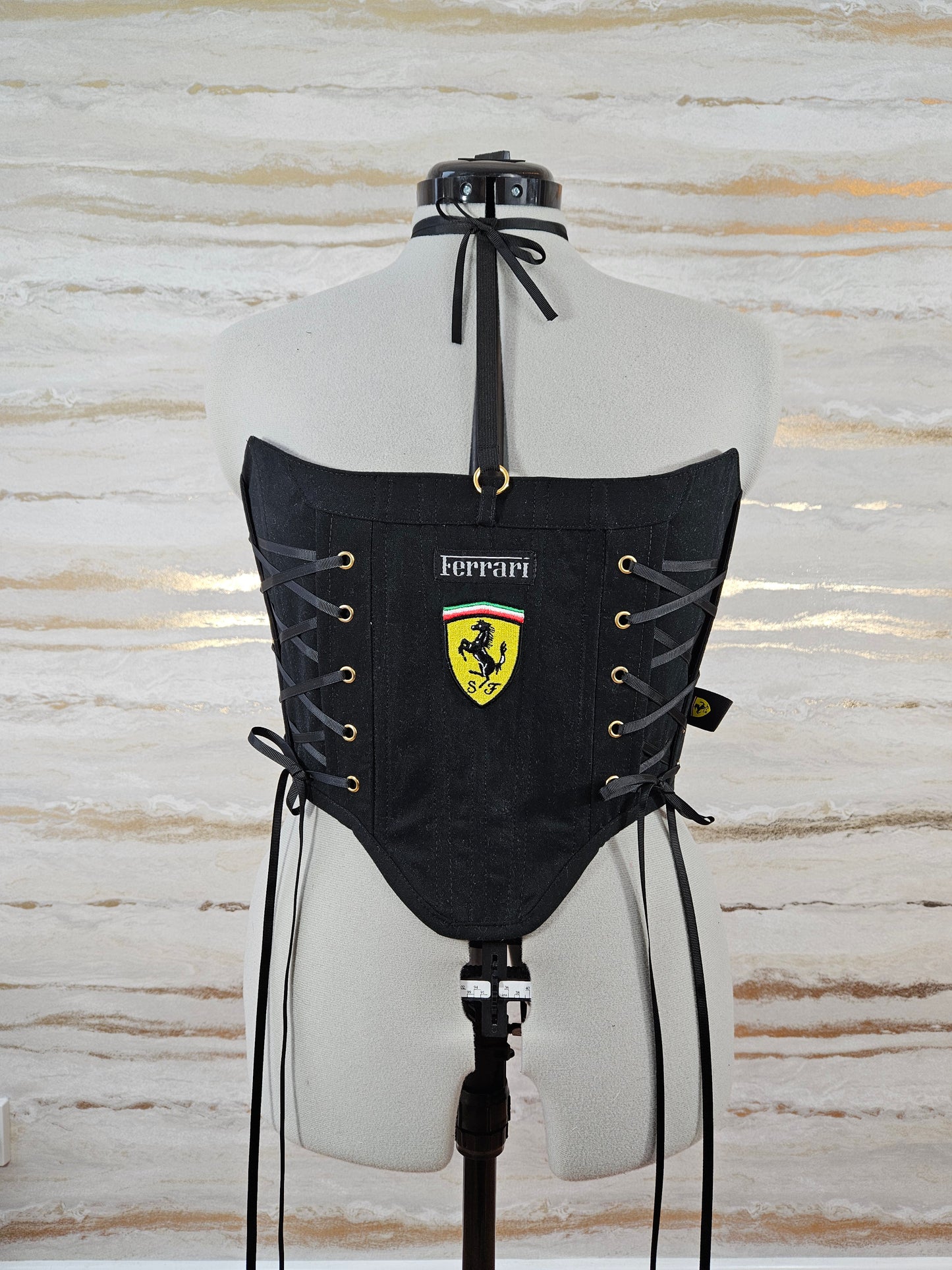 Reworked Black Ferrari cropped back lacing corset - S