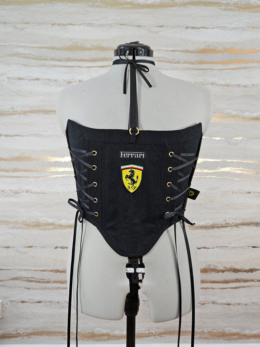 Reworked Black Ferrari cropped back lacing corset - S