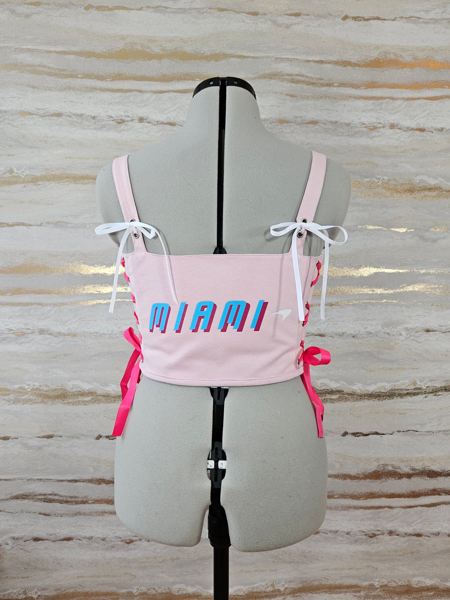 Reworked Pink McLaren cropped back lacing corset - XS/S