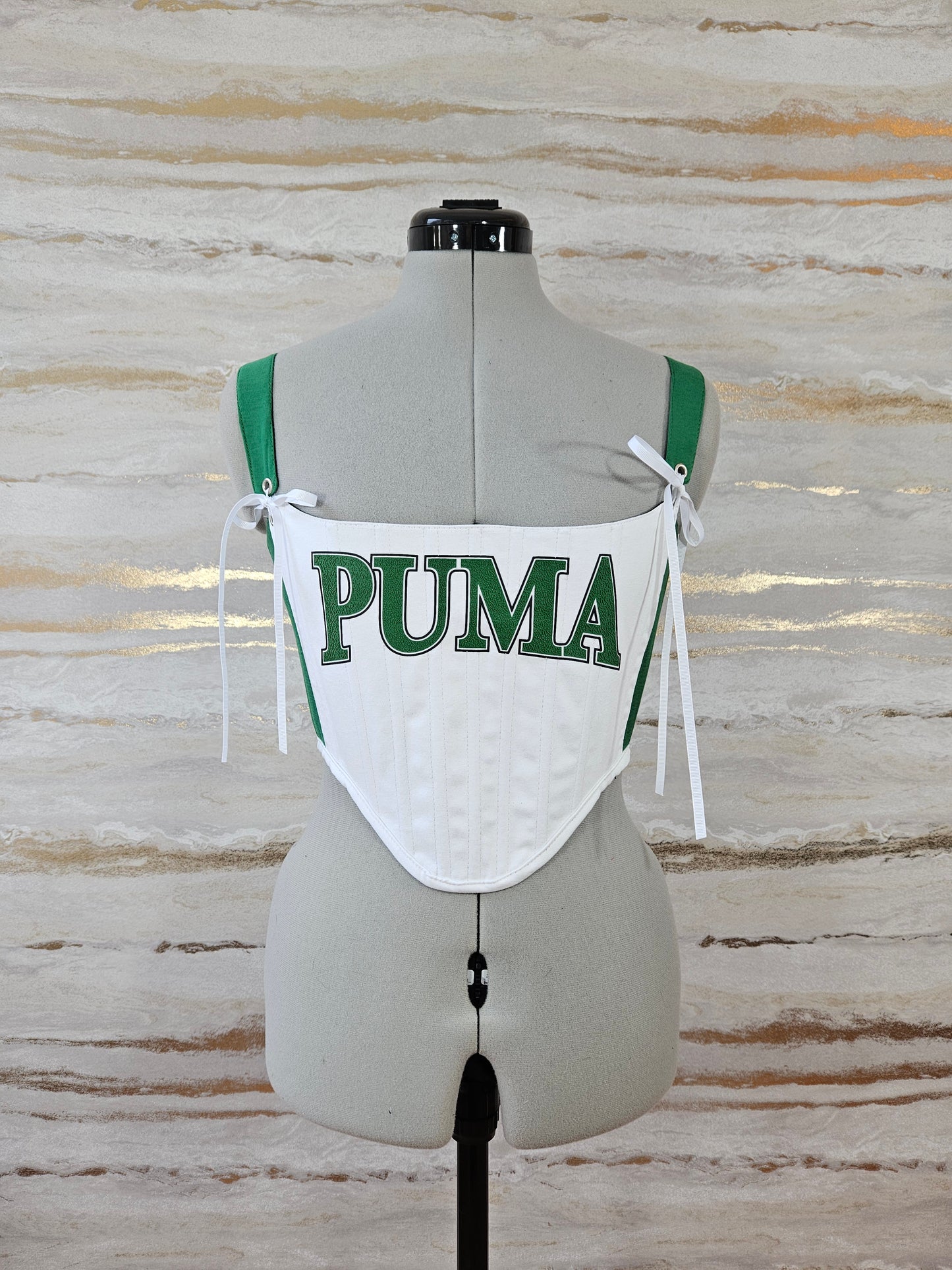 Reworked Green and White Puma cropped back lacing corset - XS/S