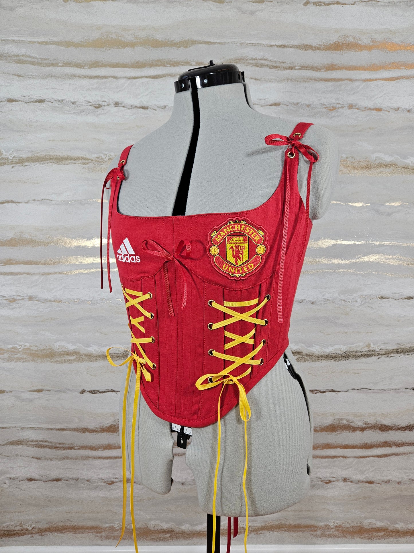 Reworked Man United cropped back lacing corset - S/M