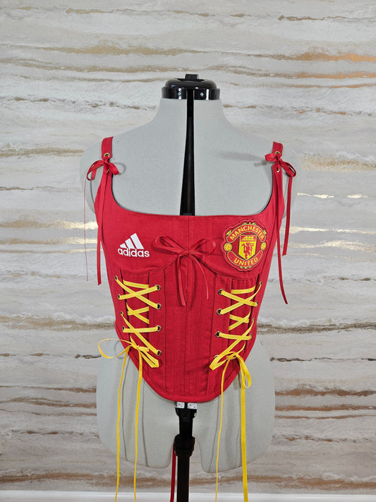 Reworked Man United cropped back lacing corset - S/M