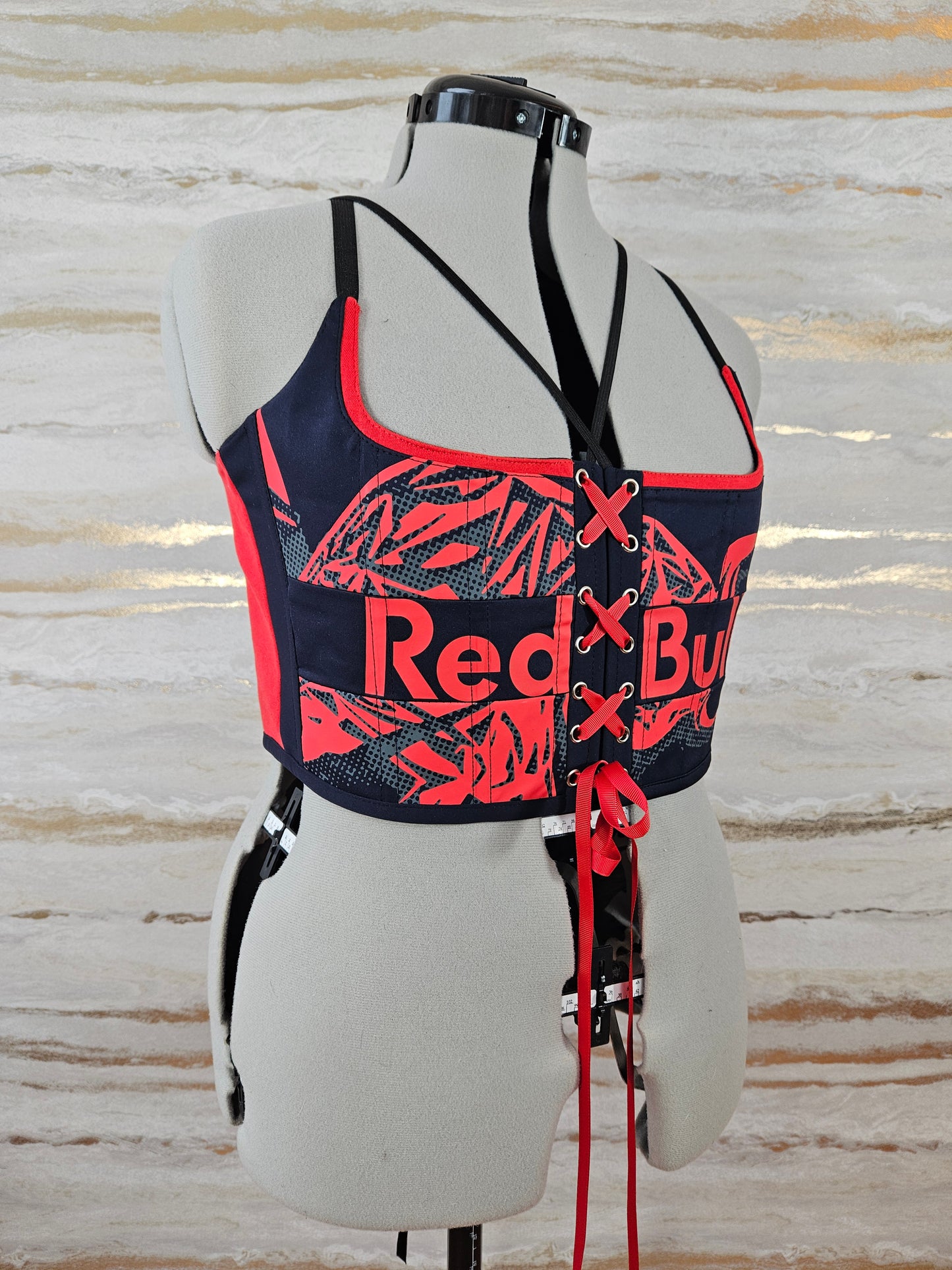 Reworked Red Bull cropped back and front lacing corset set - M